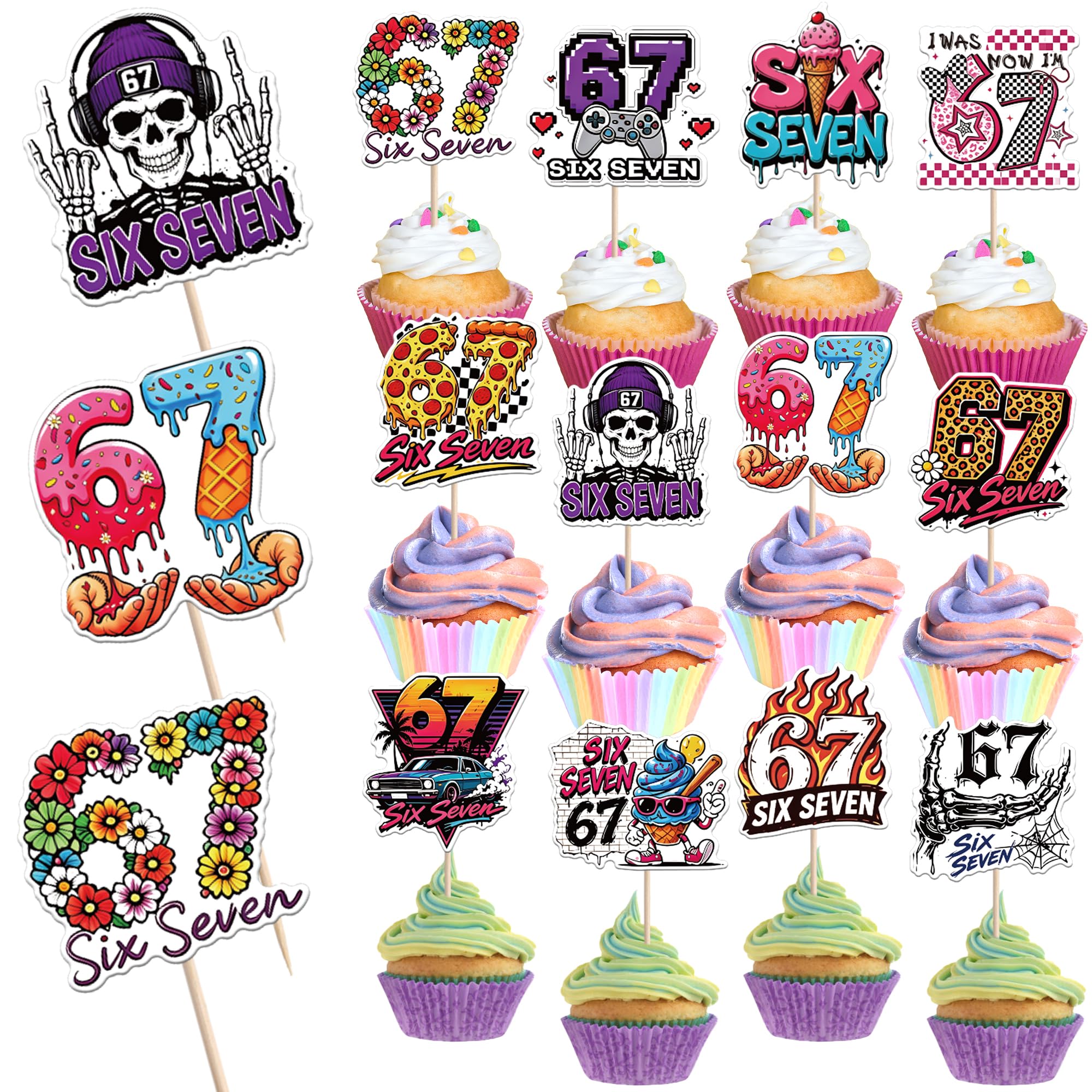 Xsstarmi 36 Pack 6 7 Cupcake Toppers I Was 6 Now I'm 7 Cupcake Picks 6 7 Birthday Decorations for Summer Ice Cream Baseball Six Seven Birthday Party Decorations Supplies