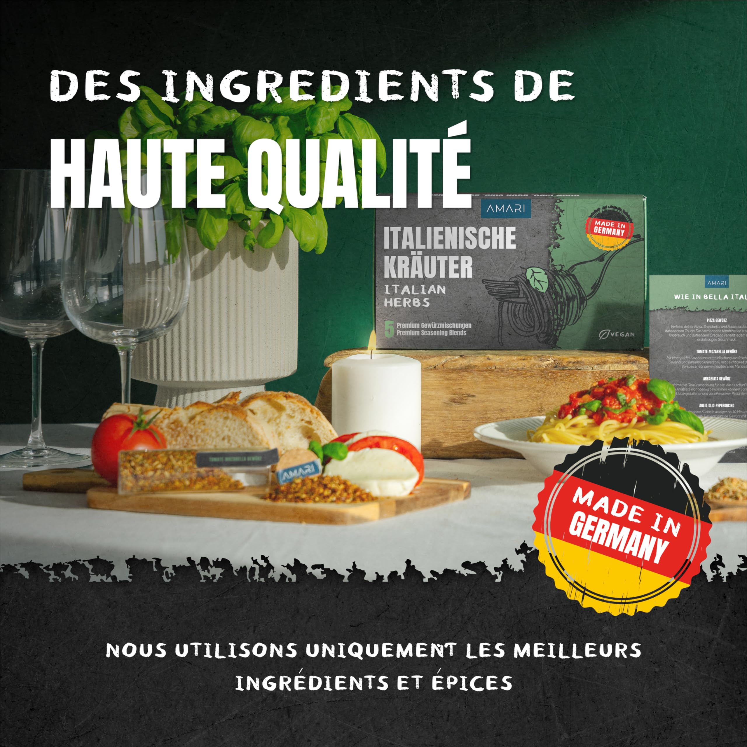 AMARI ® Ensemble de Epices pour Herbes Italiennes – 5 Mélanges d'épices Exquis – Epices du Monde Set Epices Cuisine Italiennes Epices Barbecue