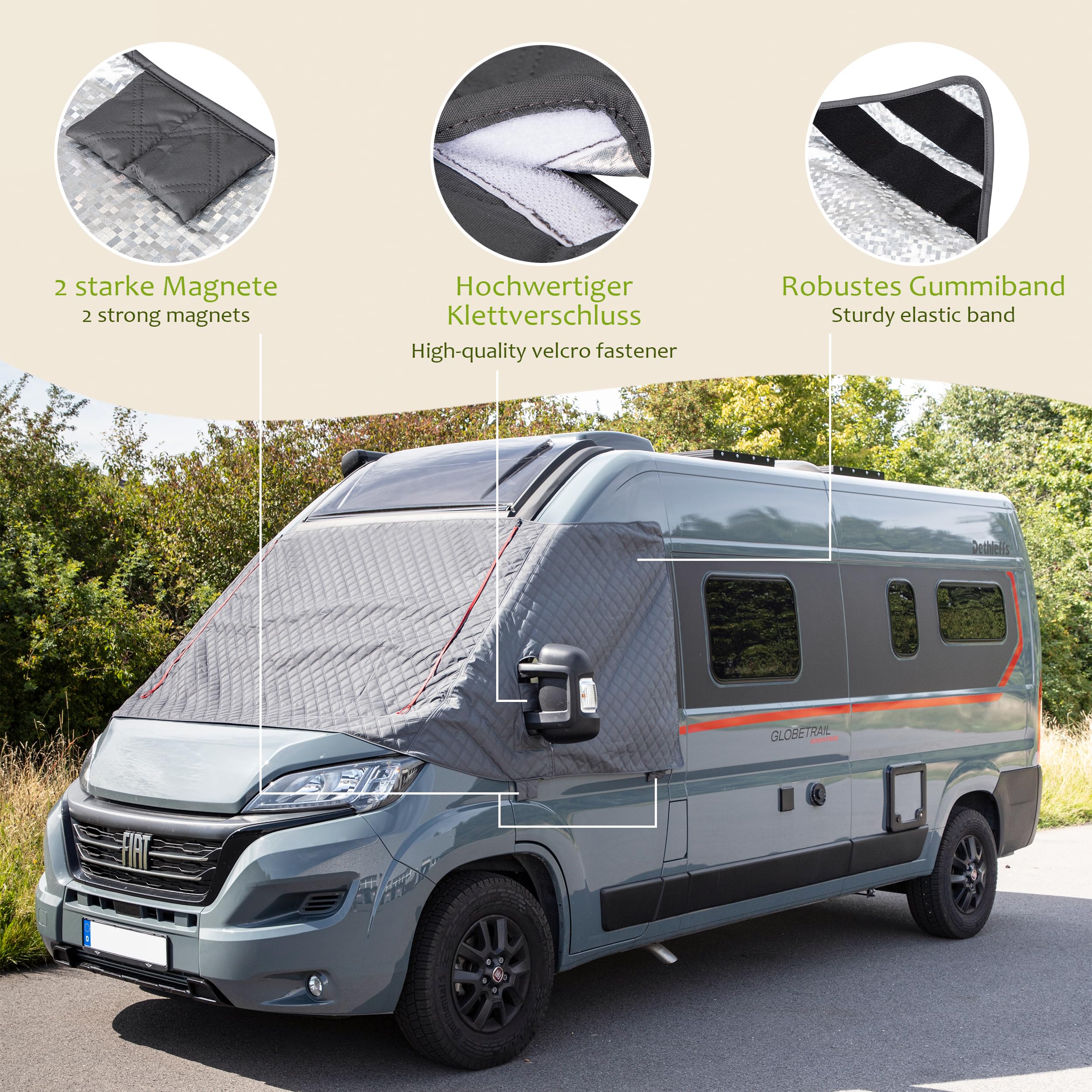 ONVAYA® Frontscheibenabdeckung ǀ passend für den FIAT Ducato X290 ab 2014 und Neuer ǀ Sichtschutz ǀ Wärmedämmung ǀ inkl. Transporttasche ǀ Windschutzscheibenabdeckung für Wohnmobil