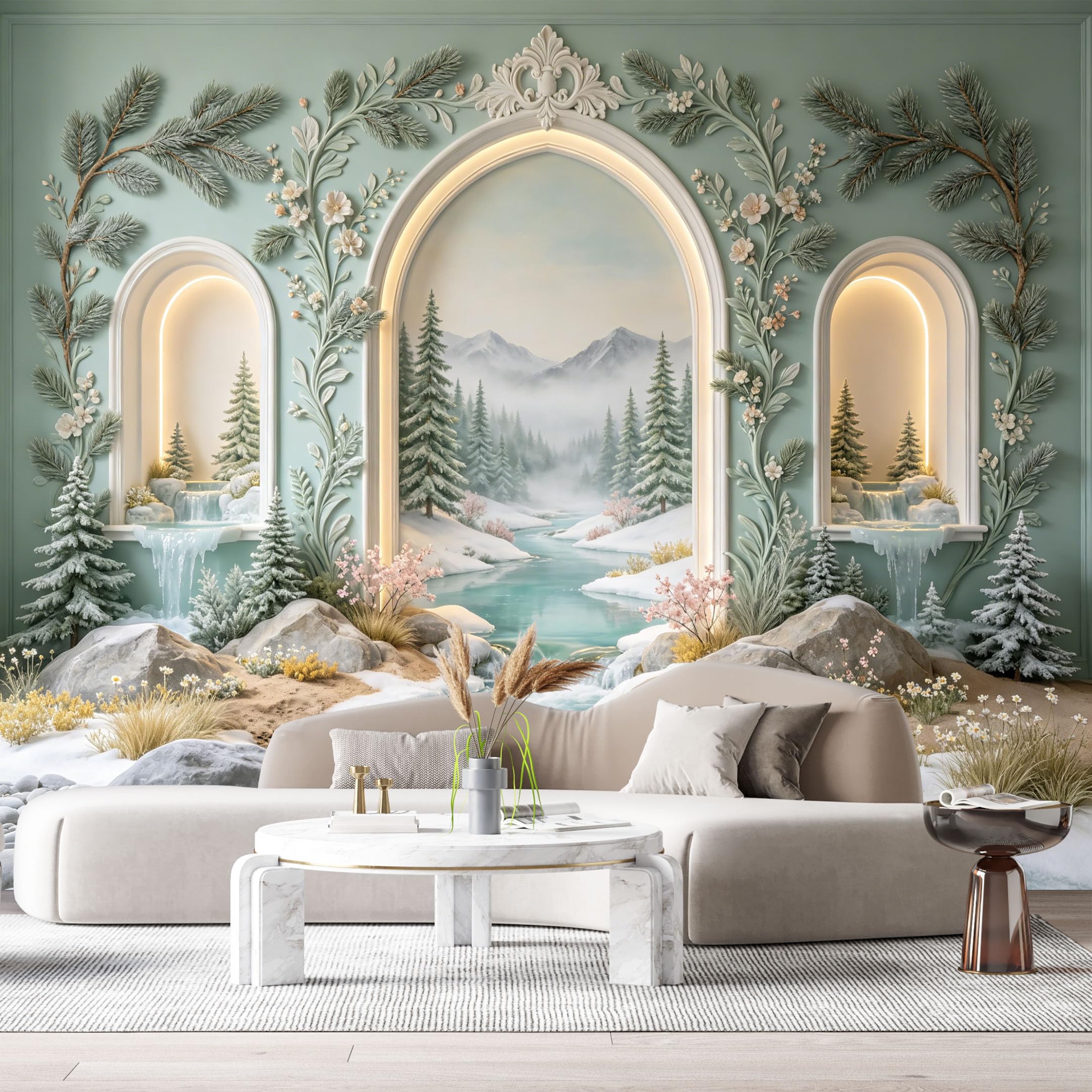 Custom Size Wall Murals Winter Mountain Lake Forest Archway 3D Trompe L'Oeil SelfAdhesiveWall Fabric Removable Wallpaper Wall Decor for Living Room Bedroom Bathroom