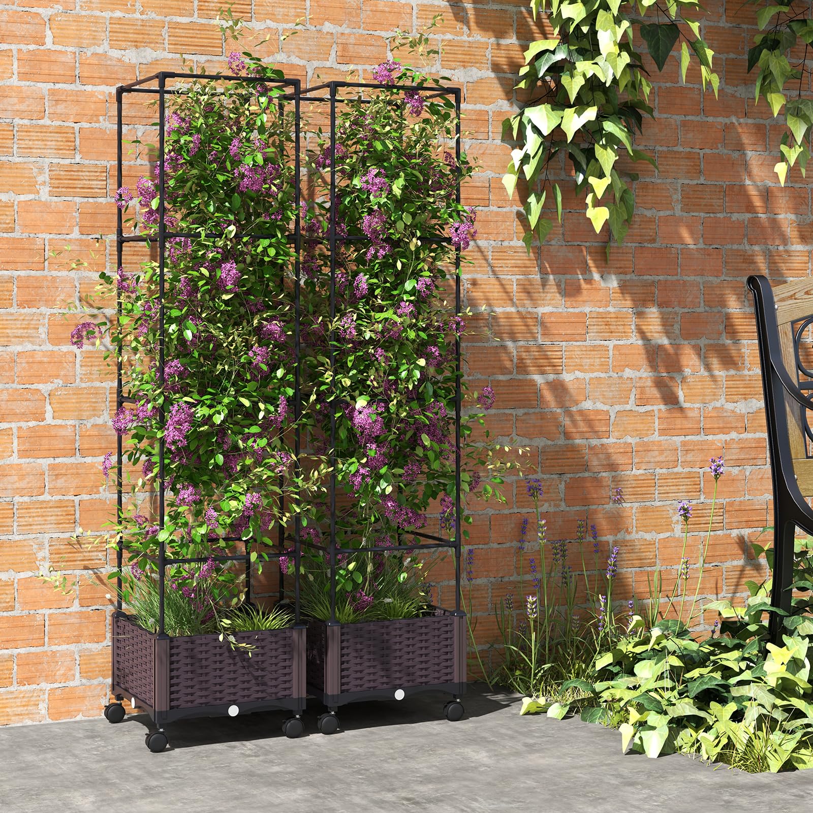 GOPLUS Jardinière avec Treillis Jardin pour Plantes Grimpantes, Obélique avec Carré Potager Pot,Cage à Tomates à roulettes 4 Hauteurs 170/130/90/50CM 40 x 40 x 32CM