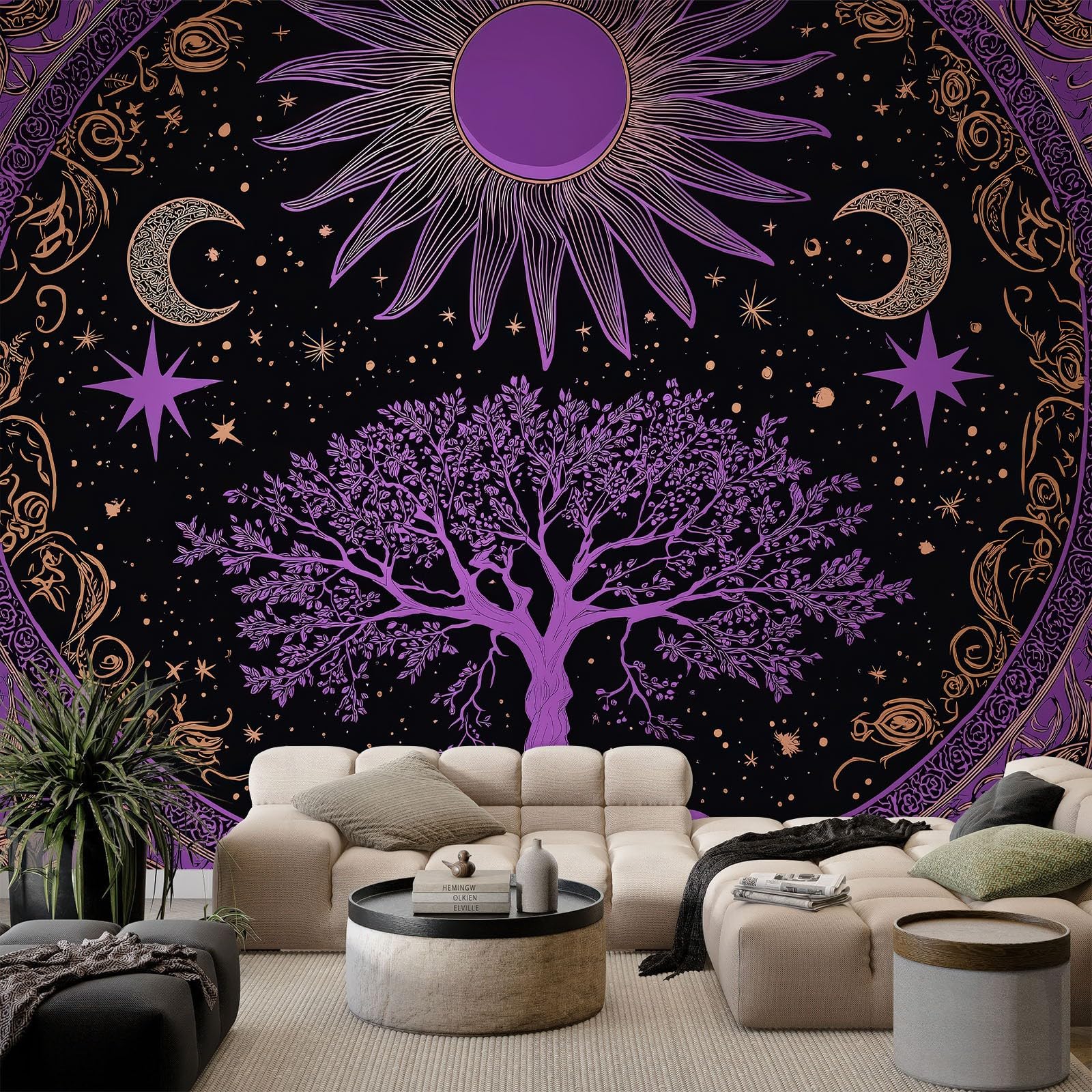 Fantasy tapeta efekt 3D 200 x 140 cm, fototapeta fioletowy i czarny słońce księżyc drzewo życie fototapety tapeta ścienna włóknina nowoczesna dekoracja ścienna salon sypialnia biuro salon