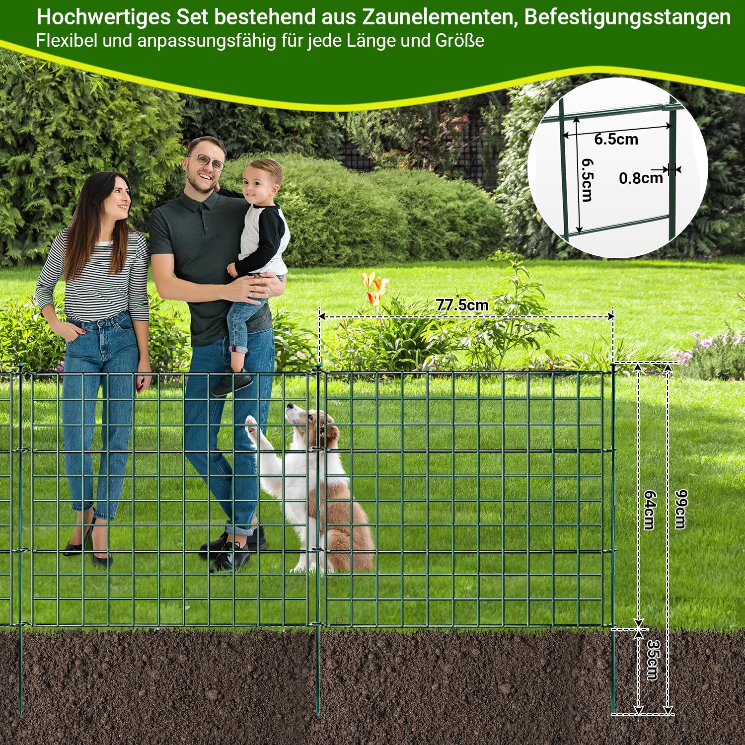 Recinzione per laghetto da giardino, set completo in metallo, 5 elementi di recinzione, lunghezza 3,74 m, con 6 aste di fissaggio, recinzione per cani, set per barriera per animali (dritto