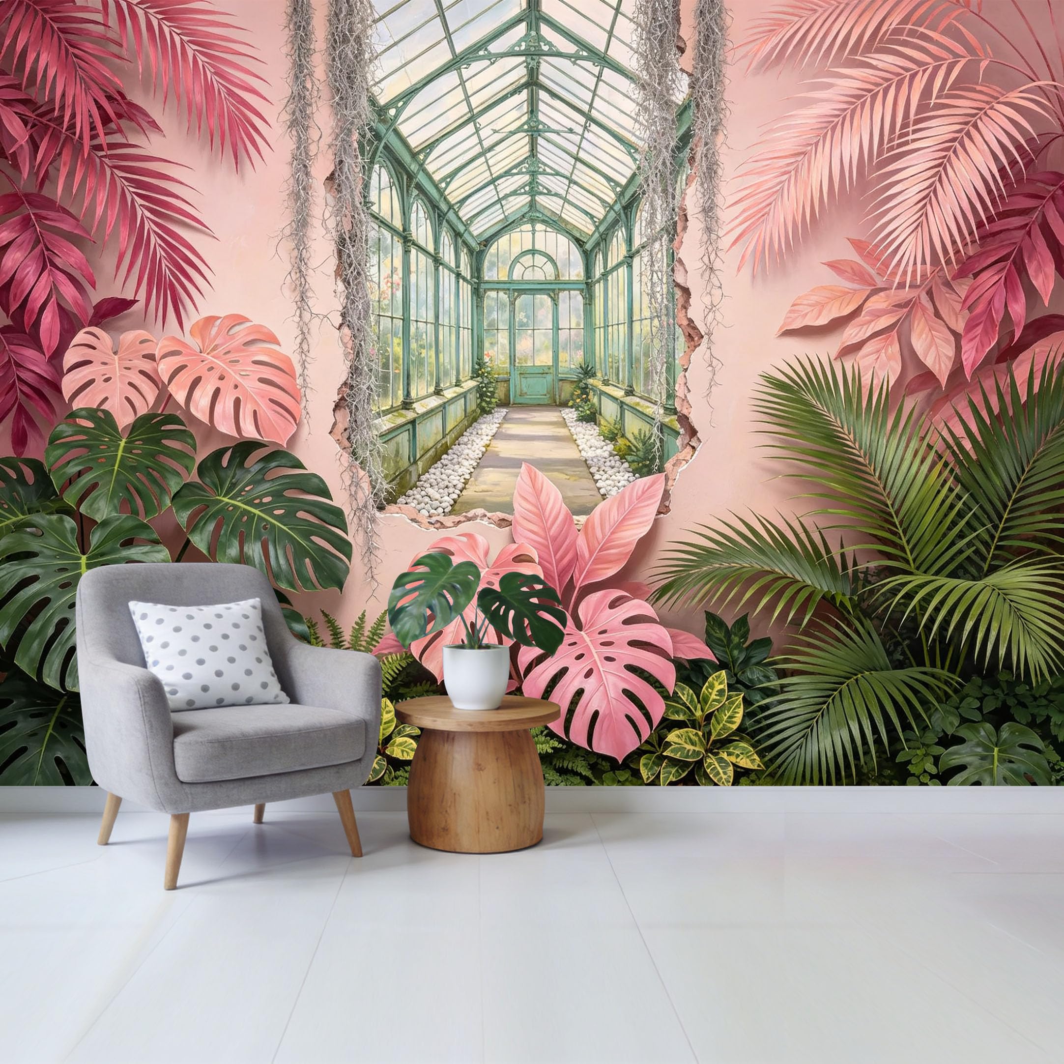 Custom Size Wall Mural Tropical Botanical Greenhouse 3D Trompe L'Oeil Pink Palm Leaf Removable Self Adhesive Fabric，Home Wall Decor for Living Room Bedroom Bathroom