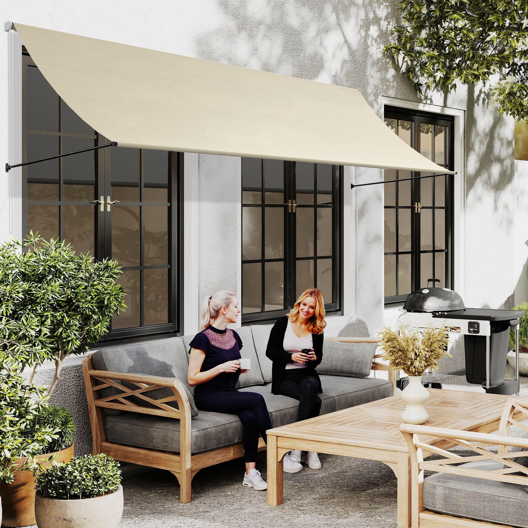 Aufun Tenda da sole retrattile, tenda da sole per finestra, con cordoncino e asta di supporto in alluminio, per terrazza, balcone, giardino, beige, 400 x 145 cm