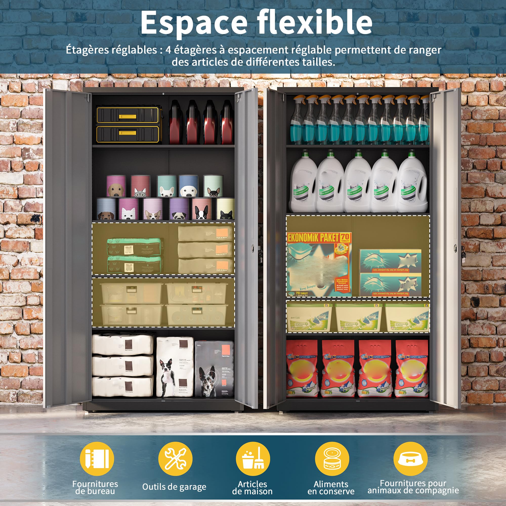 Armoire de Rangement en Métal, de Garage verrouillable avec 5 Étagères, Armoire de Bureau avec étagères Réglables, pour Le Bureau, Le Garage et la Buanderie, Noir Argent