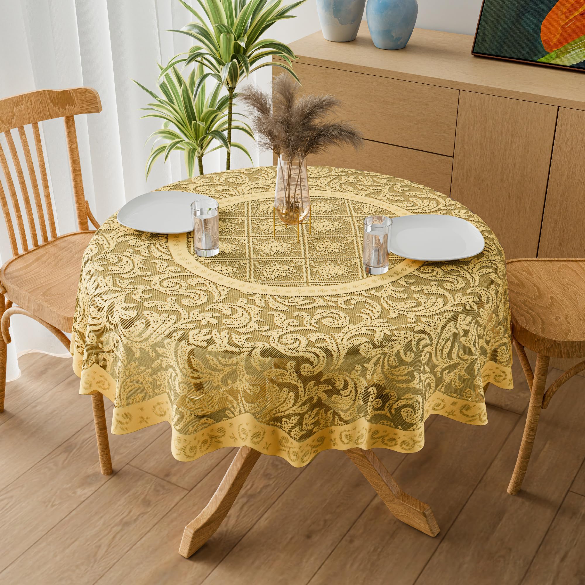 Kuber Industries 40x40 Inch Cotton Net Round 4 Seater Table Cover Cloth | Multipurpose Dining Table Cover/Cloth for Party and Events | Leaf Print - Golden