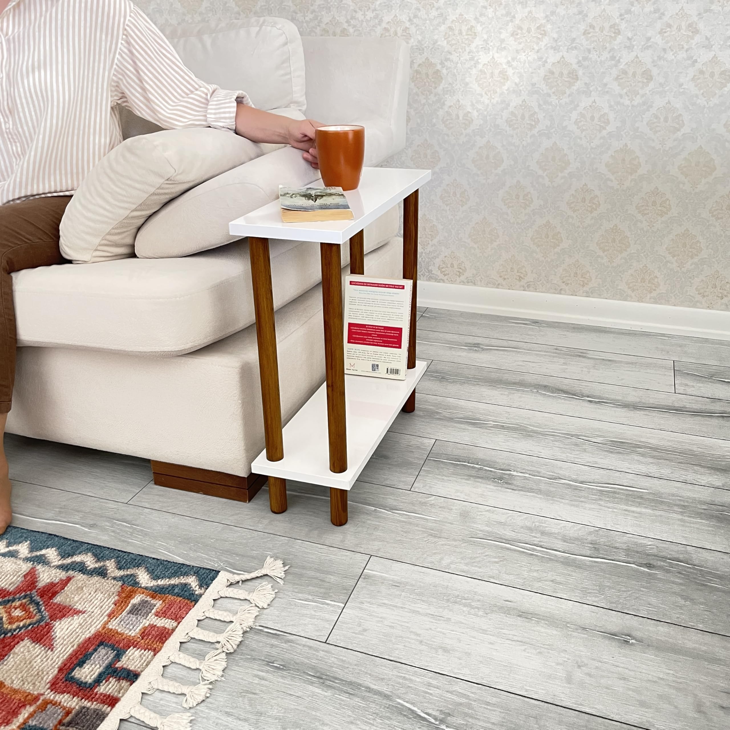 Narrow Small Places Faux Marble Top Modern Side Table for Couch Living Room, Slim Minimalist End Table 2 Tier with Open Shelf Nightstand for Bedrooms,