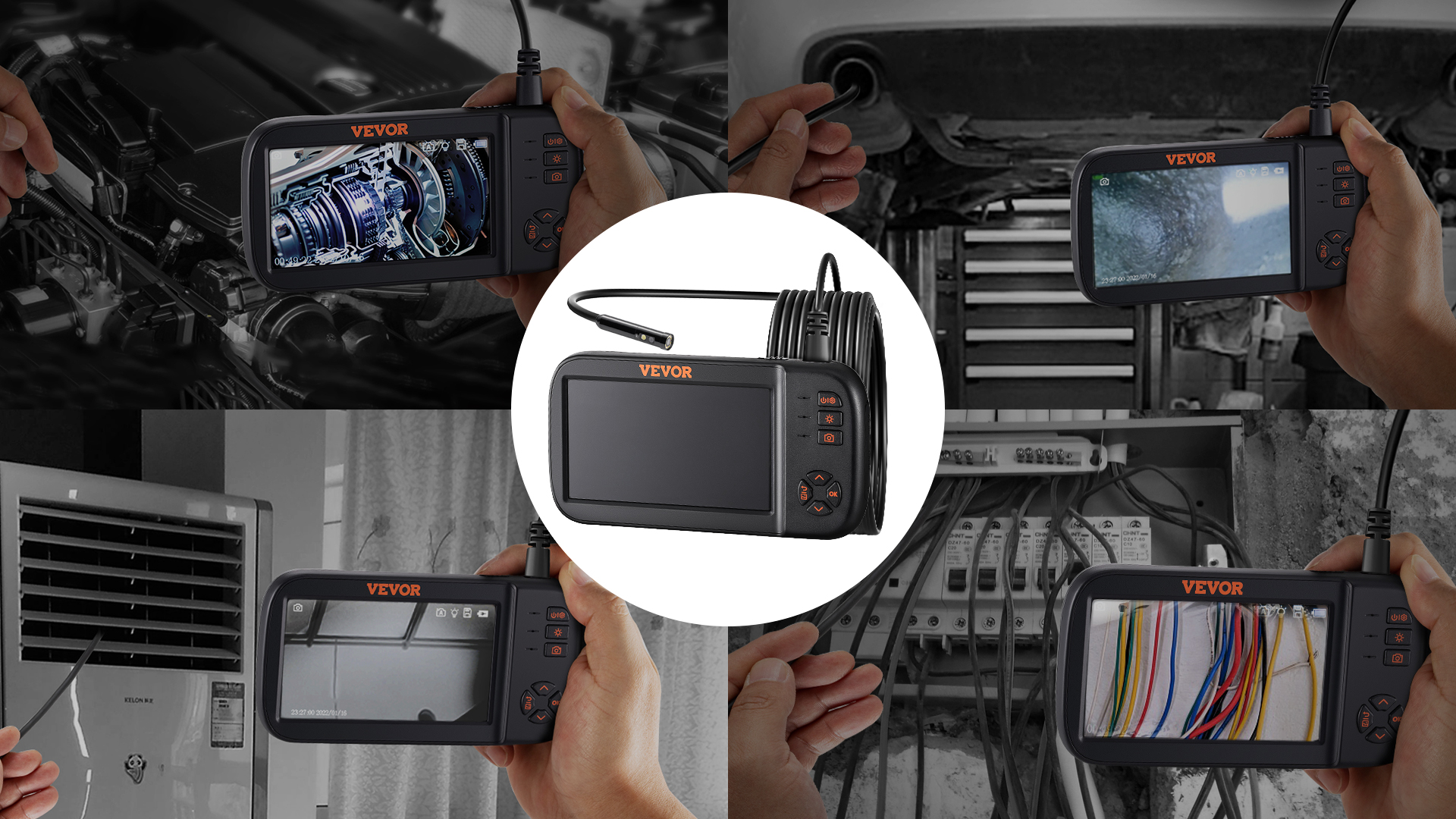 Image of VEVOR Triple Lens Endoscope Camera, 4.5 inch IPS Screen Borescope Inspection Camera with 1080P Lens, 10 Adjustable Light, 2860 mAh Battery, Waterproof & Oilproof Endoscope for Auto, Wall, Drain Inspection