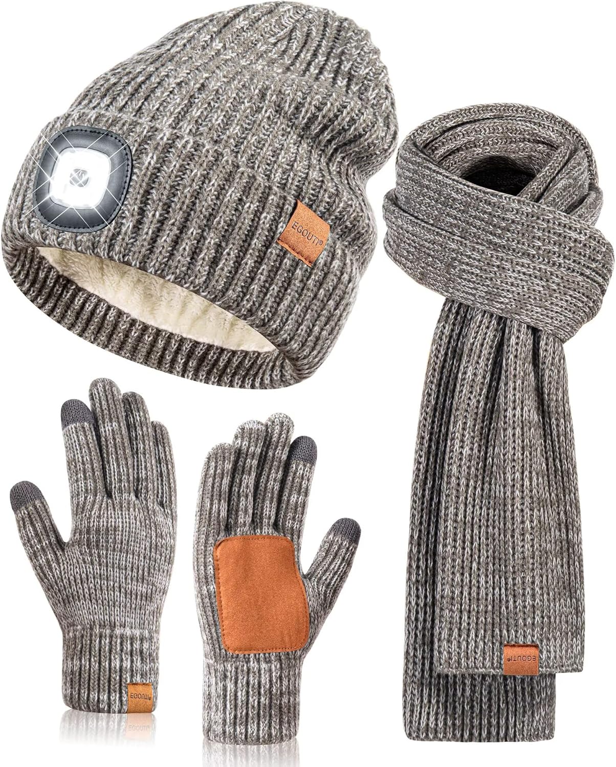LED Beanie Gloves Scarf Set, Winter Hat with Light Built in Headlamp Caps Long Scarf Touchscreen Gloves, 3 in 1 Warm Gift Set