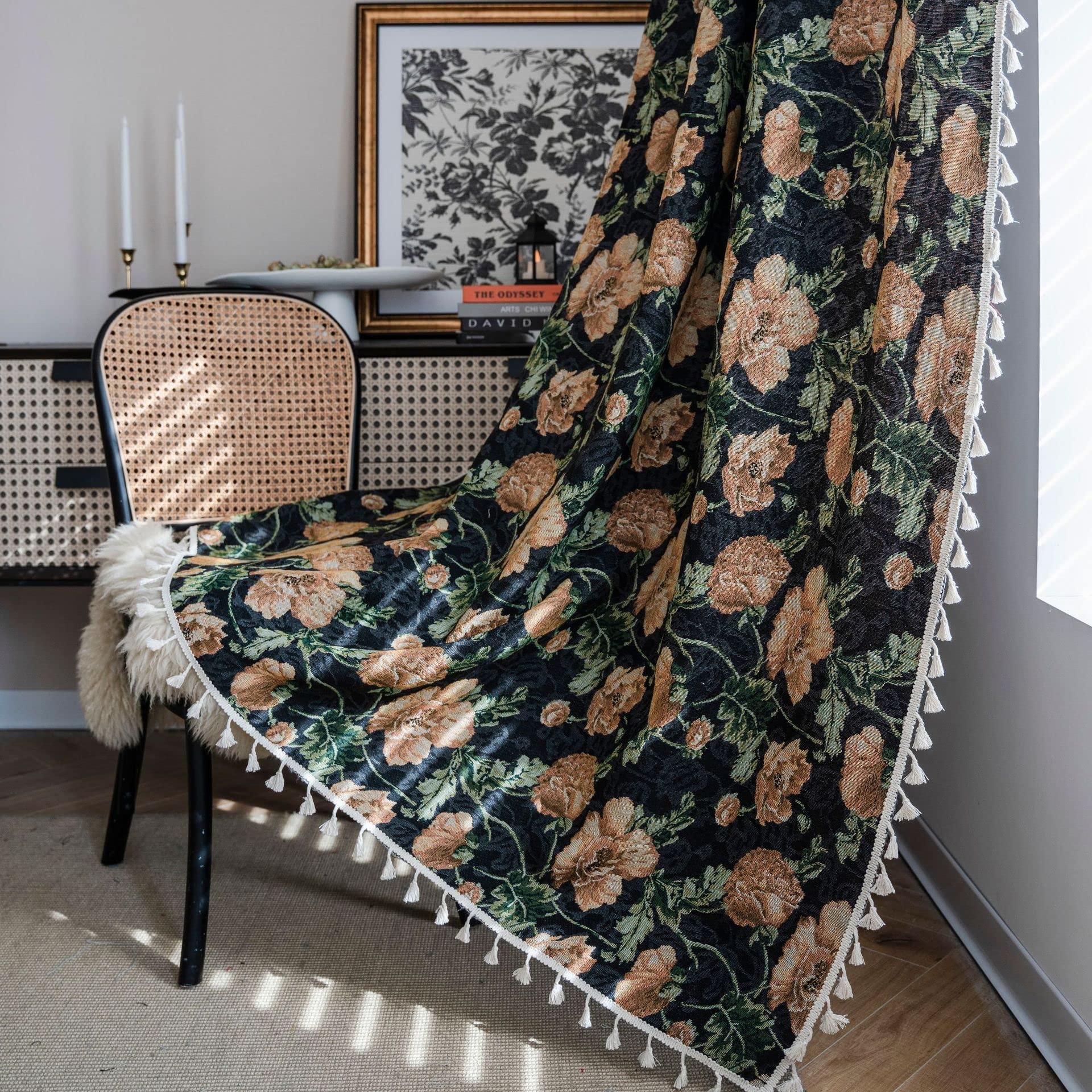 FDY MY Floral Curtain 63 Inch Length 1 Panel Boho Jacquard Tassel Drape Rod Pocket Farmhouse Rustic Bohemian Semi-Sheer Window Curtain Panel for