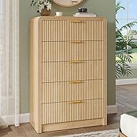 Decofy Fluted 5-Drawer Dresser, 48" Tall Modern Wood Chest with Metal Handles, Natural Oak for Bedroom & Living Room