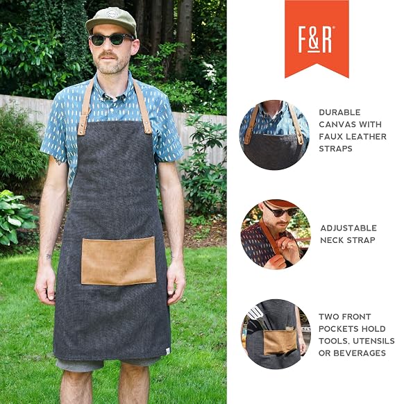 Foster & Rye Cooking Apron for Men with Adjustable Faux Leather Strap, Grilling Apron with Pocket for Football Game Fans, Family BBQ Gatherings, Camping Trips, Tailgate, Outdoor Party