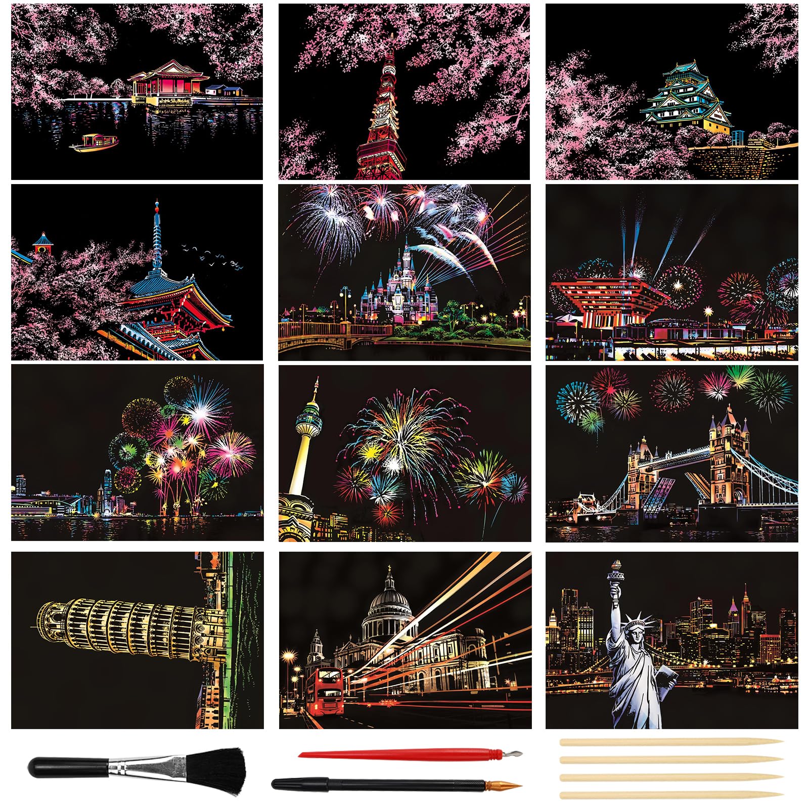 KOUHA 12 Cartes à Gratter Feux D'Artifice Et Fleurs De Cerisier - Kit Complet Avec Stylos Et Outils Activite Creatif Anti-stress