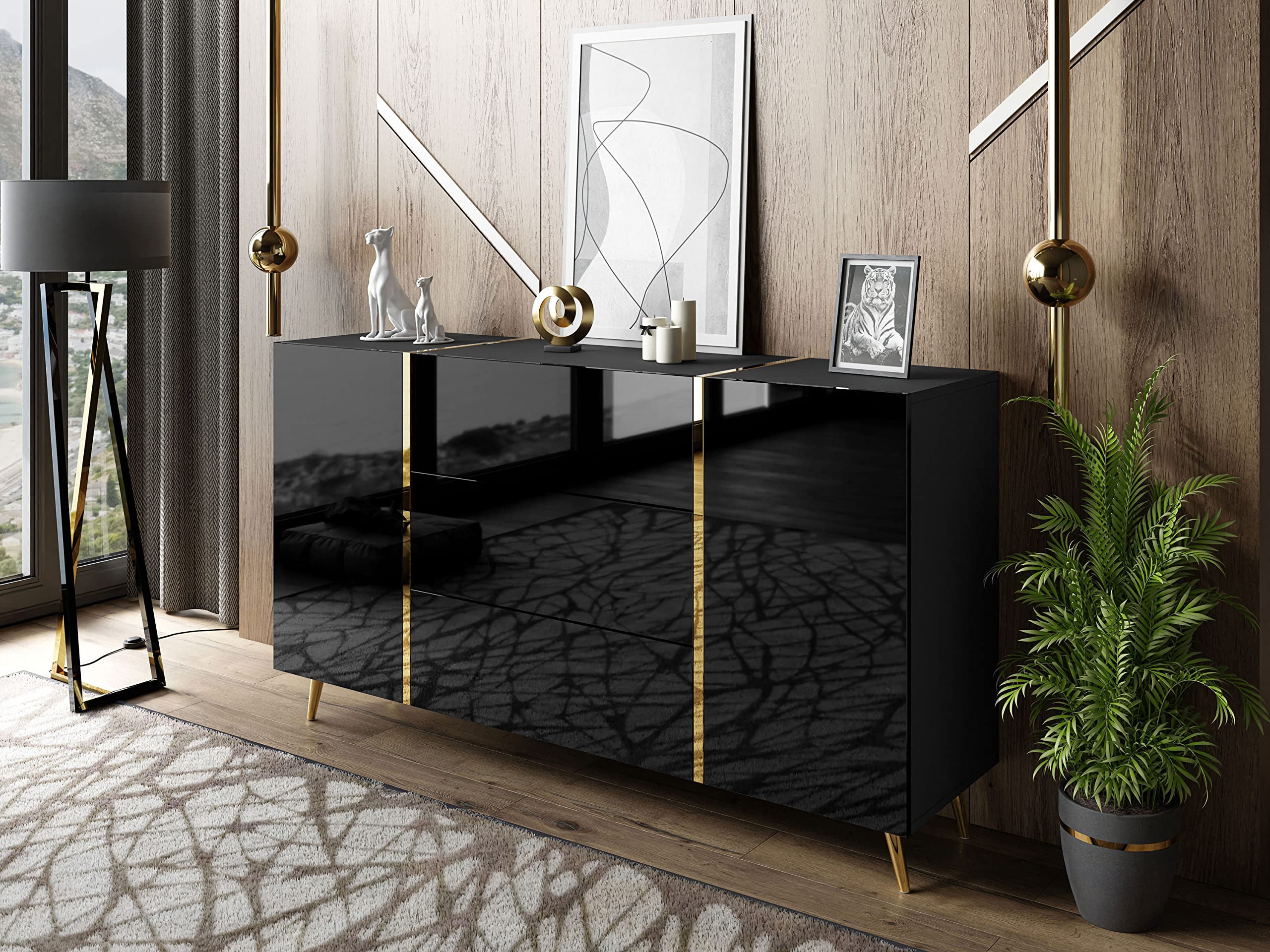 lukmebel Onyx Wohnzimmerset Auf Goldenen Beinen DREI Elemente Elegantes Und Modernes Design Leicht Zu Reinigen Abrieb- Und Kratzfest Laminierte Platte Schwarz