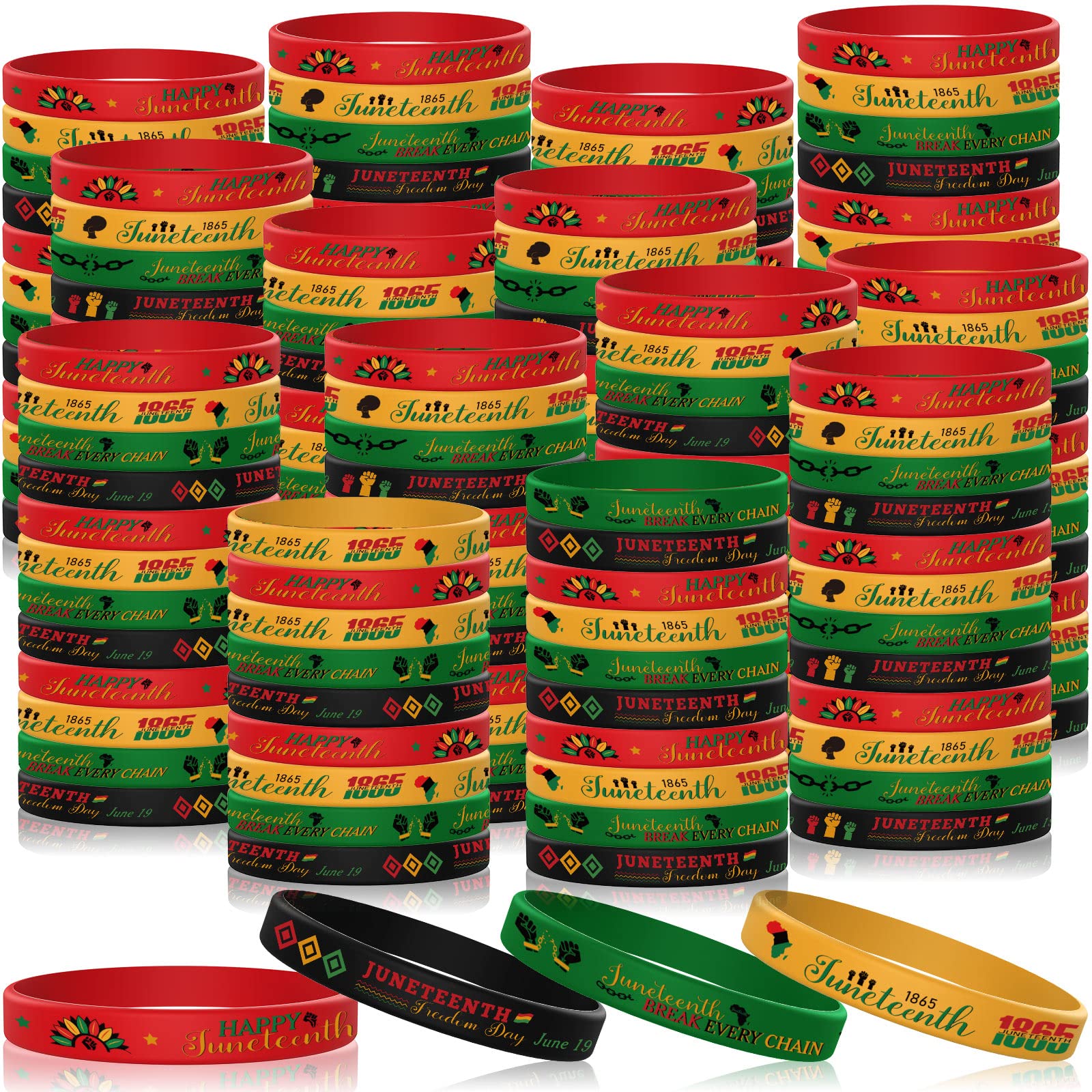 Highergo 200 Pcs Happy Juneteenth Day Party Favors Juneteenth Silicone Bracelets 1865 Black American Independence Bracelets Black Freedom Day Silicone Wristbands Juneteenth Gifts for Teens Adults
