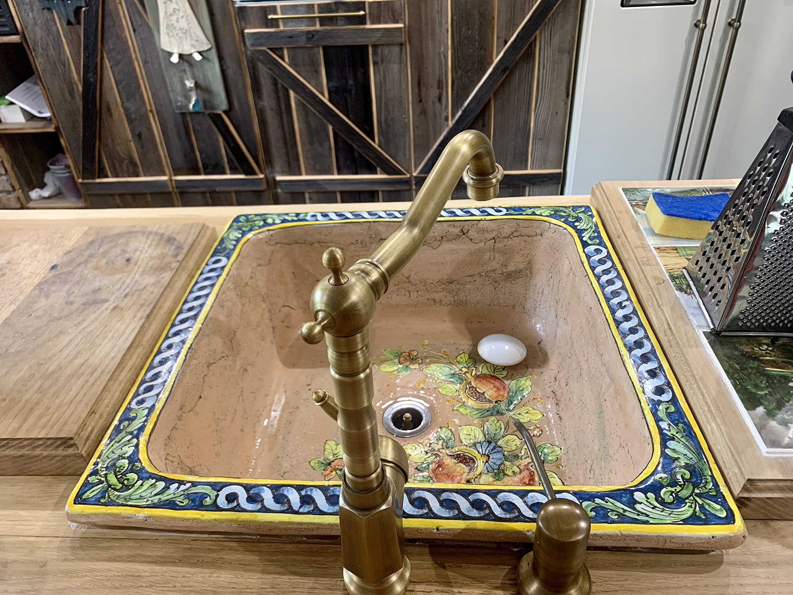 Lavabo ceramica siciliana Terra - Lavello da cucina quadrato da incasso, Un Lavabo da cucina colorato fatto a mano da cucina | Lavello da cucina in ceramica siciliana dall'Italia 42 x 42 cm