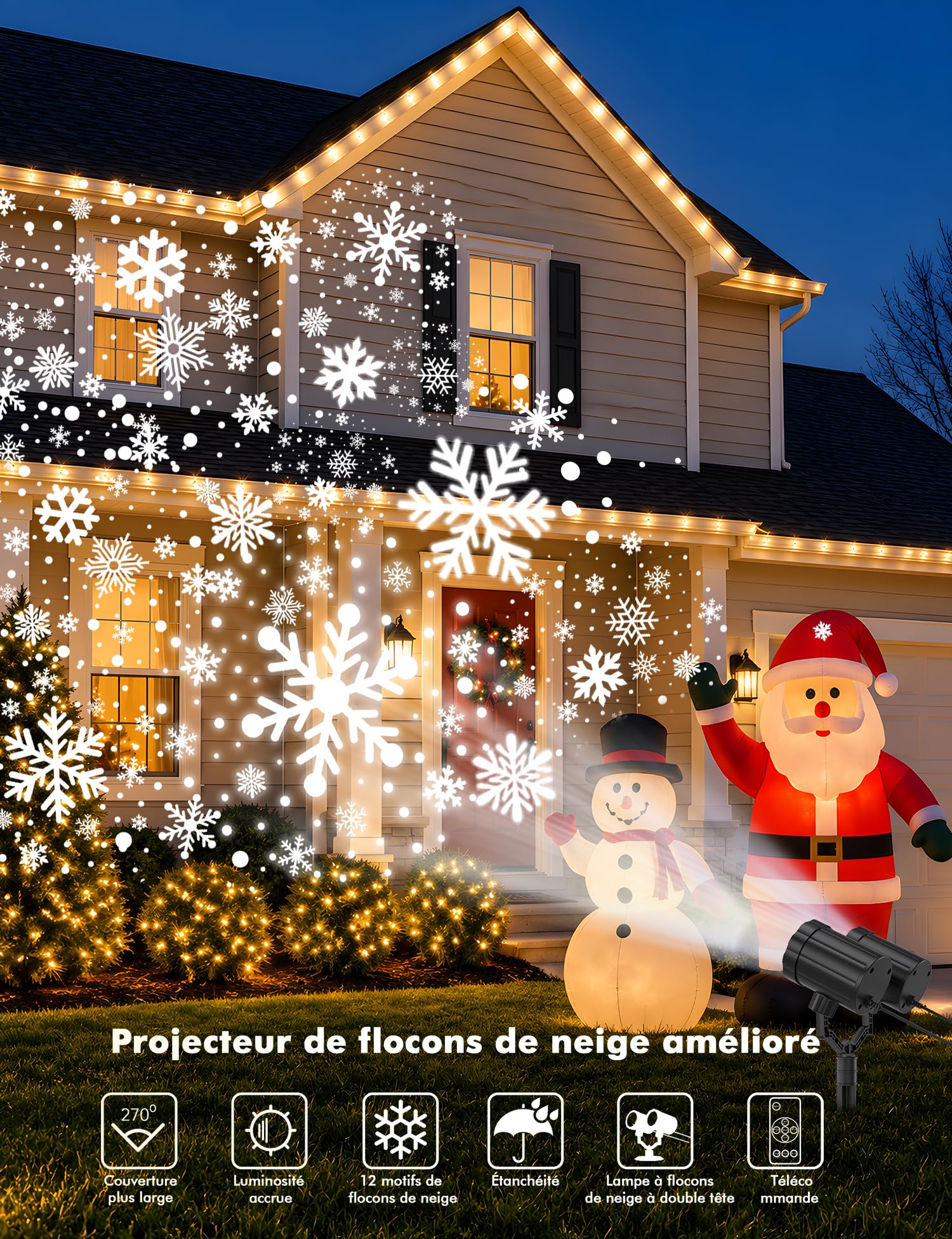 GUSODOR Double Tête Projecteur de Noël Extérieur Flocons de Neige, Blanc, T