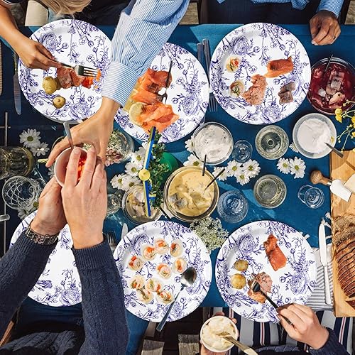 Miniatura 6 de Platos de papel florales azules y blancos, platos desechables de flores azules, suministros de fiesta, platos de papel bonitos vintage, sirven 50