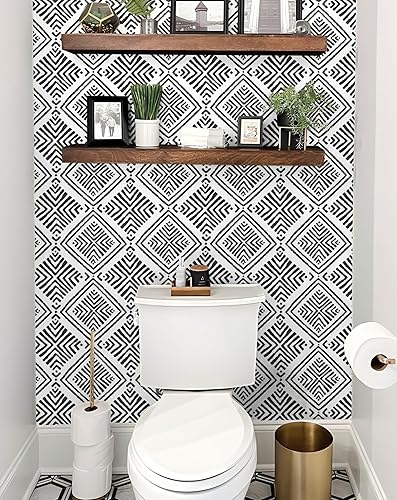 Miniatura 6 de Papel tapiz de contacto geométrico bohemio para despegar y pegar en blanco y negro, moderno, autoadhesivo, extraíble, para cocina, baño,