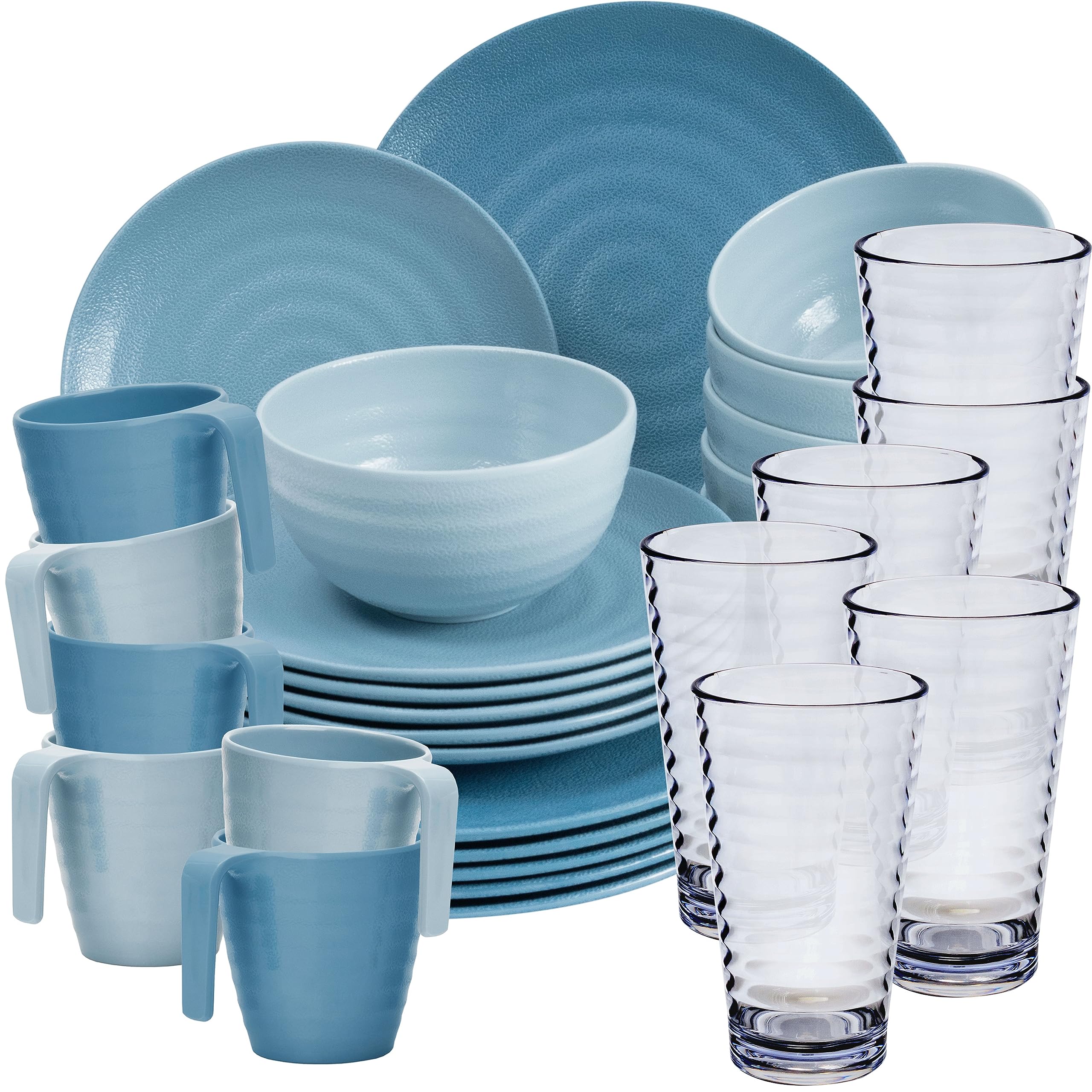 Melamin Geschirr Set 30 Teile elegante Steingut Optik blau mit 400ml klar 6