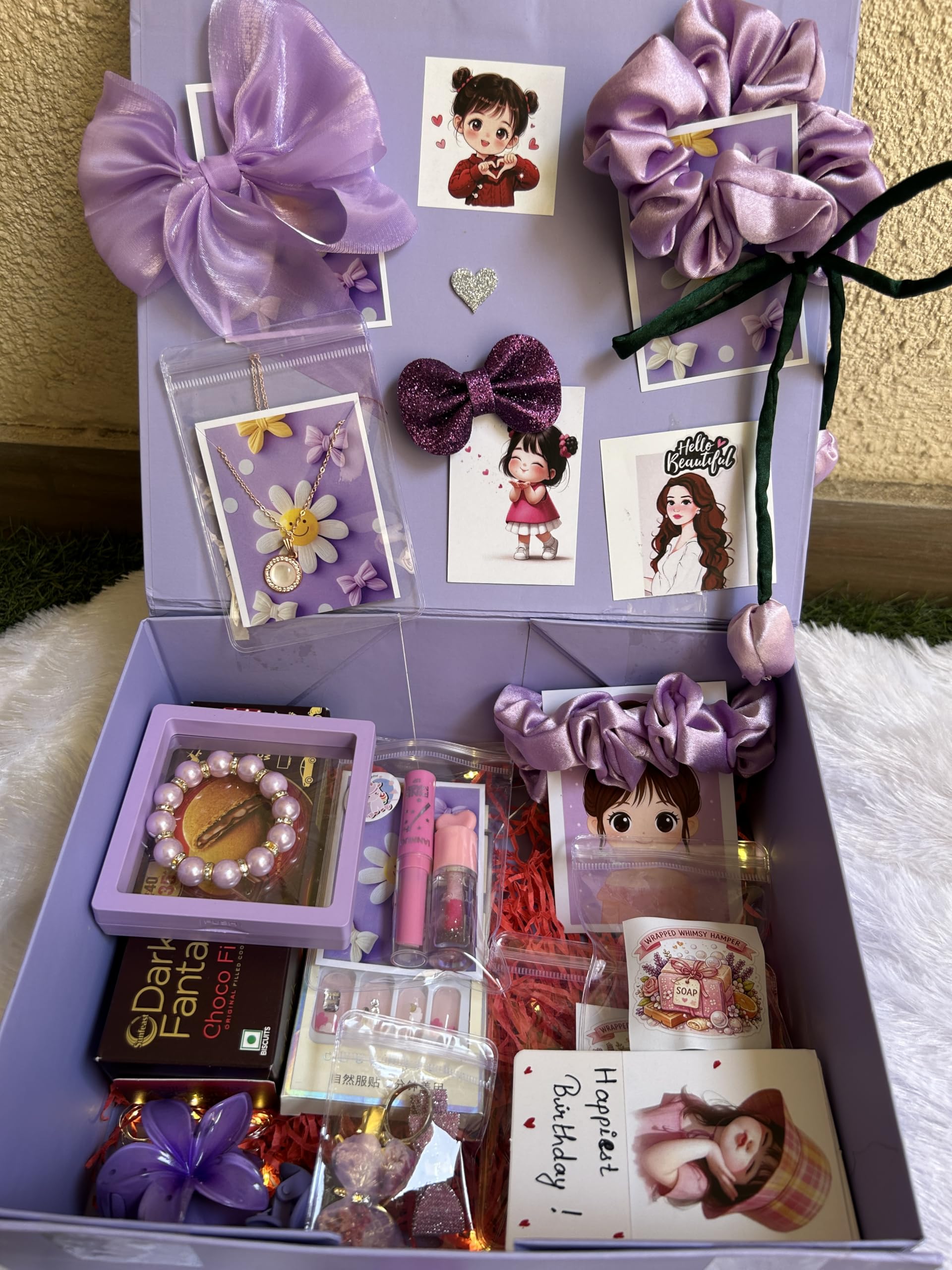 Birthday Gift Hamper for Women, Purple, with Scrunchies, Bracelet, Lip Gloss, Necklace-image-44