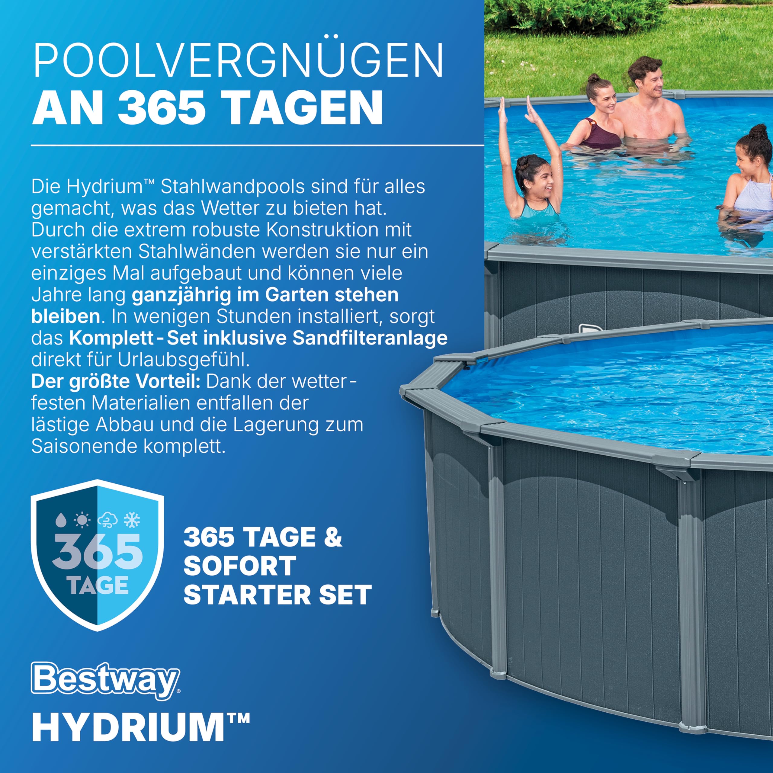 Bestway Hydrium Stahlwandpool Komplett-Set rund 732 x 132 cm Holz-Optik Grau XXL Gartenpool mit Sandfilteranlage