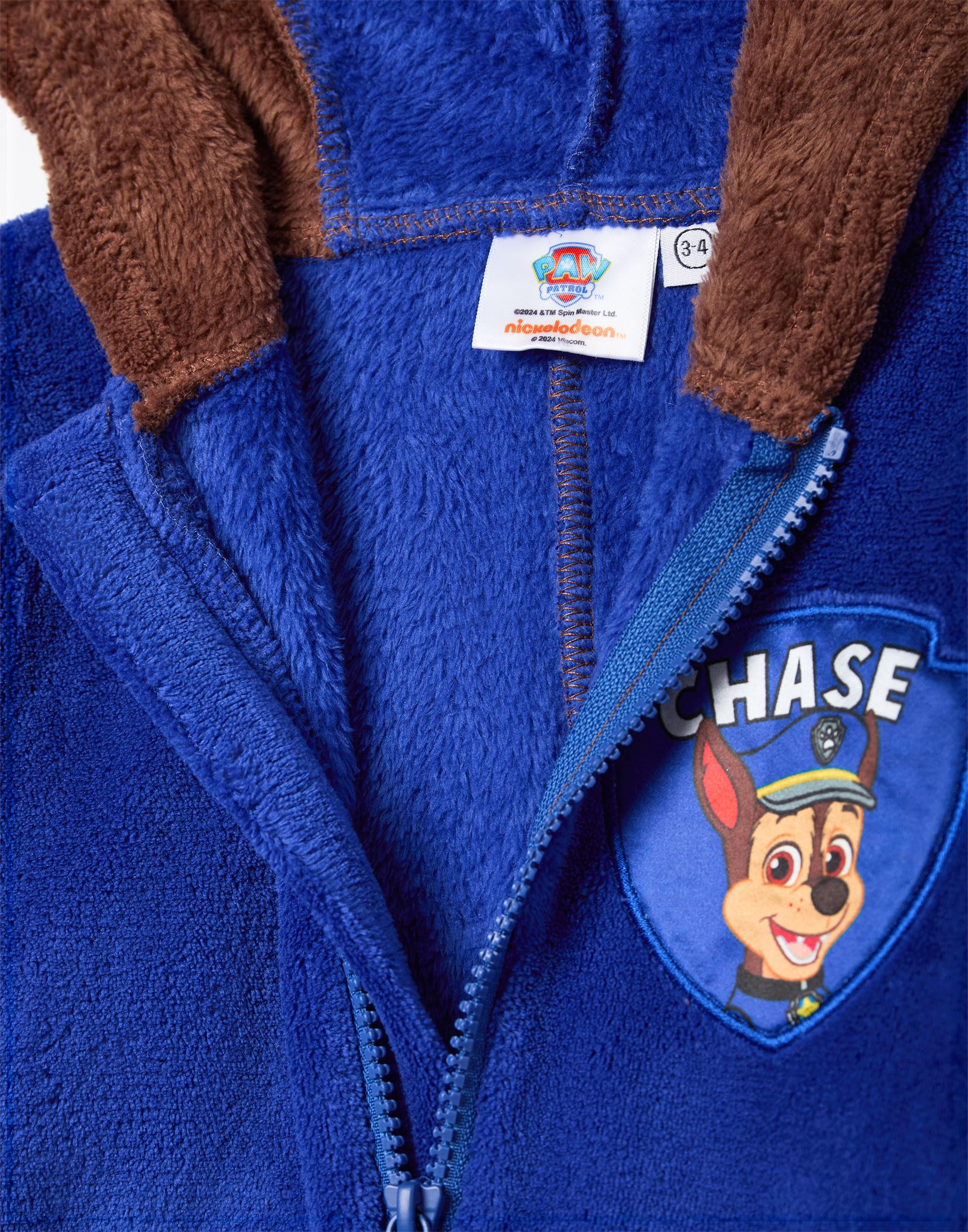 Paw Patrol Chase Grenouillère pour Garçons & Filles | Pyjama Tout-en-Un pour Enfants en Bleu & Marron | Combinaison de Nuit Unisexe avec Capuche Brodée et Oreilles 3D