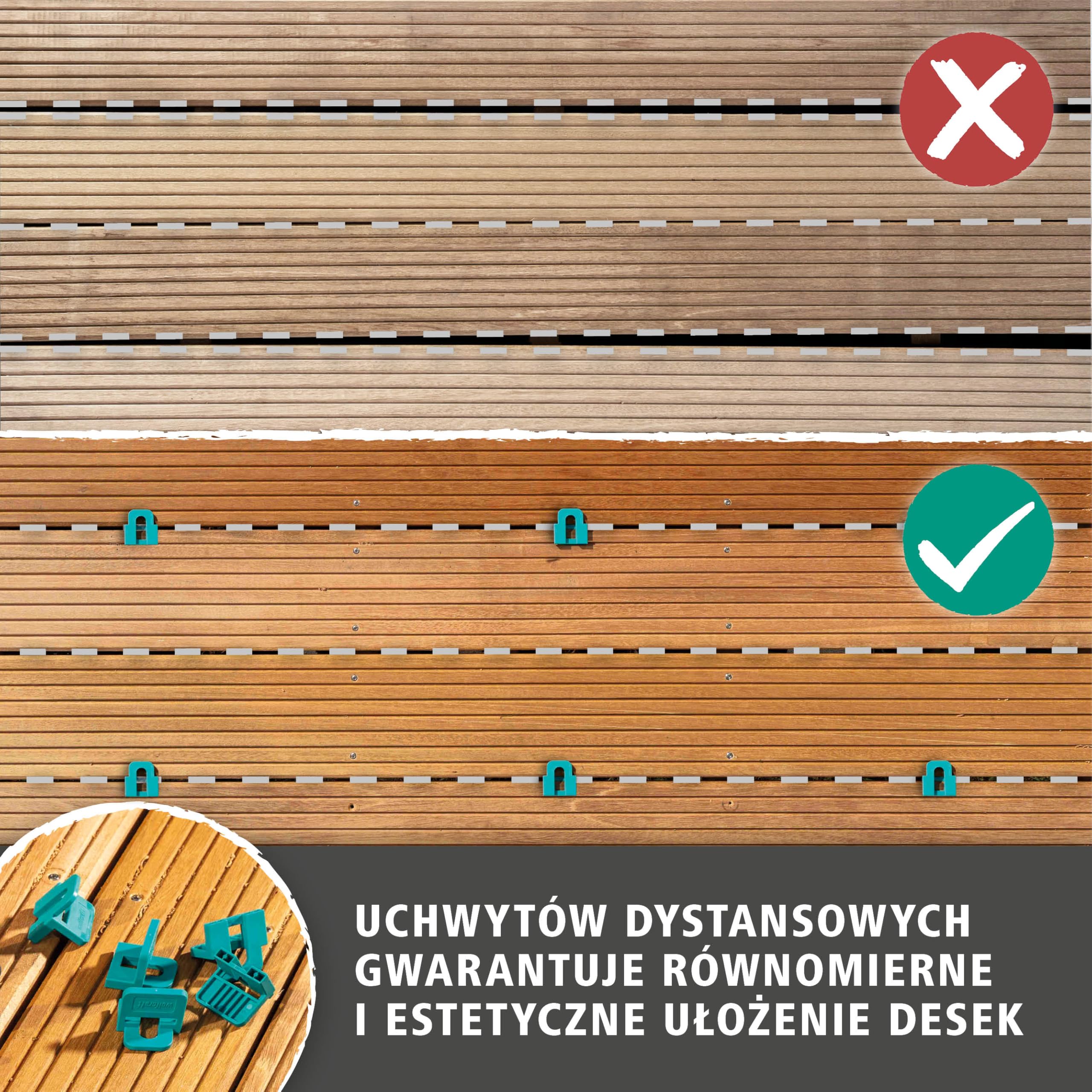 wolfcraft Zestaw do budowy tarasów PRO ERGO, 11-częściowy – kompletny zestaw do równomiernego montażu desek tarasowych – zacisk montażowy, element dystansowy, pomoc w wierceniu, wiertło wstępne z