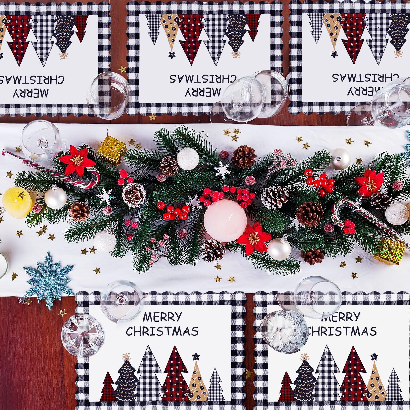 Lallisa 100 manteles individuales de papel de búfalo a cuadros con diseño de árbol de Navidad, color negro y blanco, festoneados, desechables, manteles individuales para mesa de cocina, decoración de