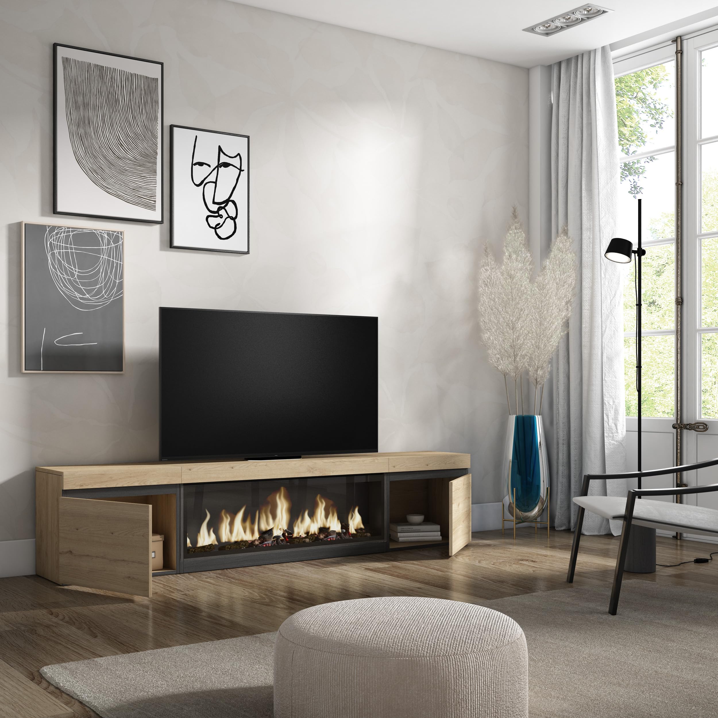 Skraut Home | Mobile TV Soggiorno | Ampio spazio a disposizione | 210 | Per TV fino a 80" | Camino elettrico XXL | Stile moderno | Rovere