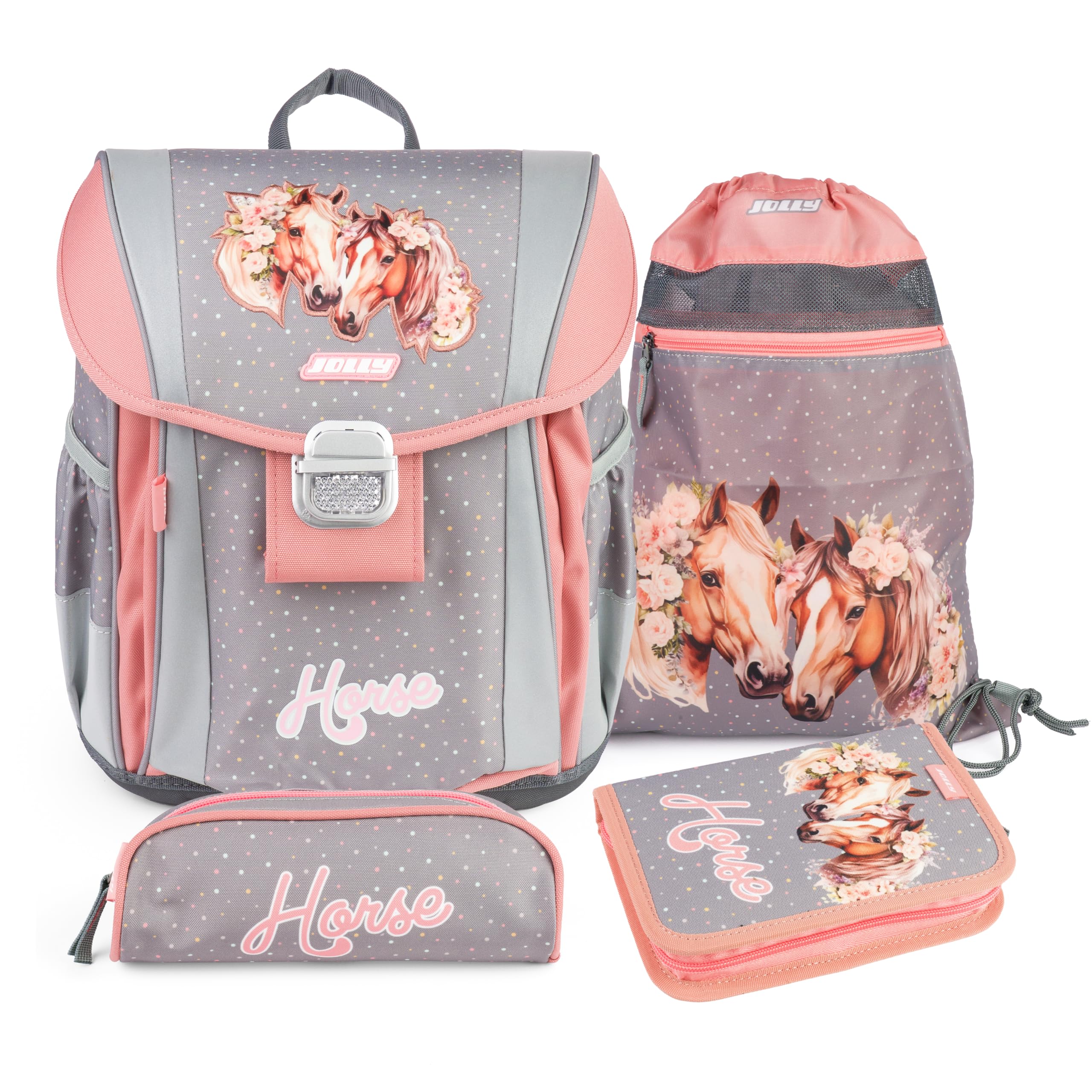 JOLLY Schultaschen Set Classic Horse – Ergonomischer Schulranzen, 46-teiliges Schulset mit Turnbeutel, Federpennal & Zubehör, für Kinder 6–10 Jahre