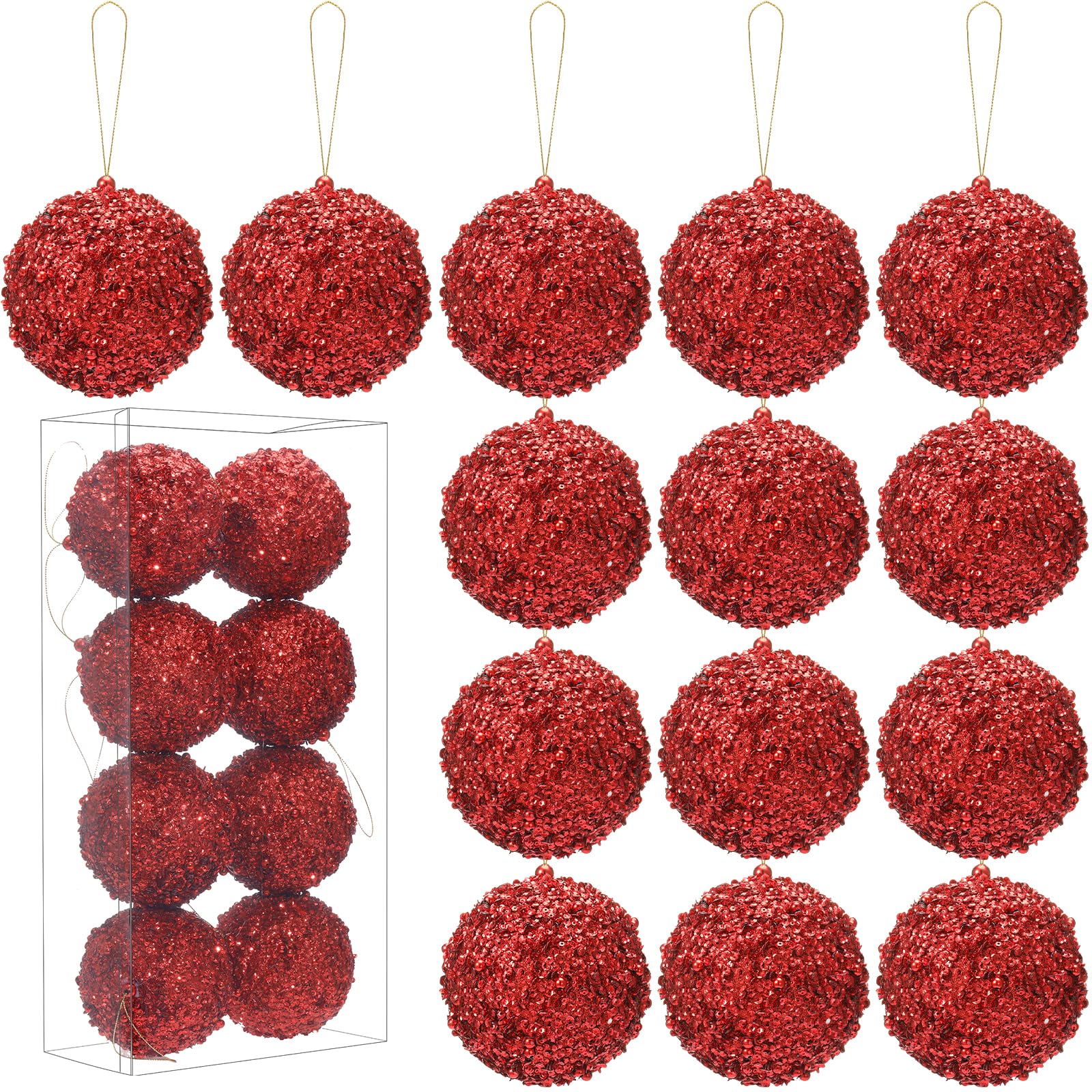 Syhood 16 Pcs 4.25 Inch Large Christmas Ball Ornaments Christmas Tree Ornaments Glitter Sequin Foam Ornaments Festive Hanging Christmas Decorations Tree Balls for Xmas Party(Red)