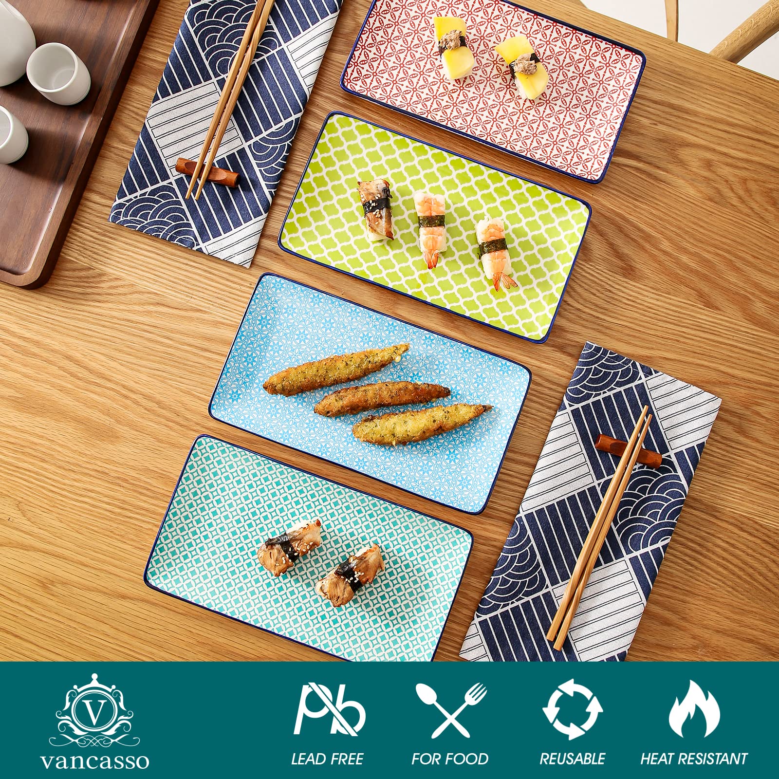 vancasso Serie Macaron, Juego de Sushi 4 Piezas Platos Rectángulo Platos Llanos, Japonés Platos servicio para Sushi, Postre, Tarta