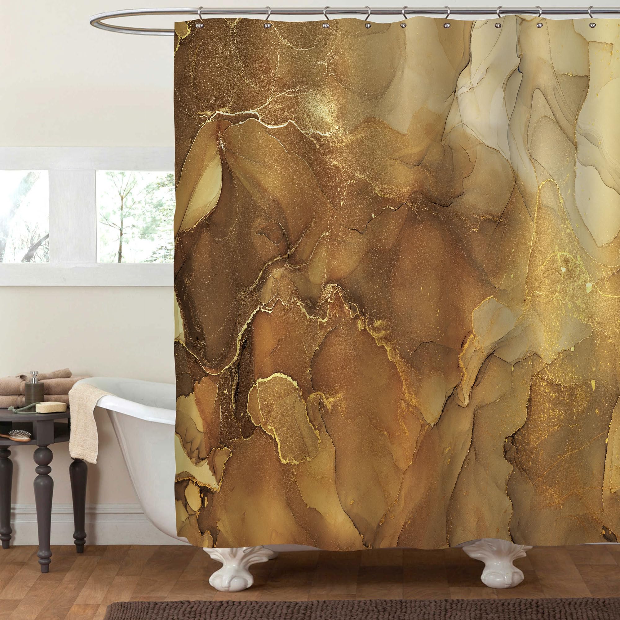 Gibelle Brown Shower Curtain, Abstract Marble Fabric Shower Curtain for Bathroom, Modern Ombre Watercolor Ink Art Shower Curtain Set with Hooks, 72 x