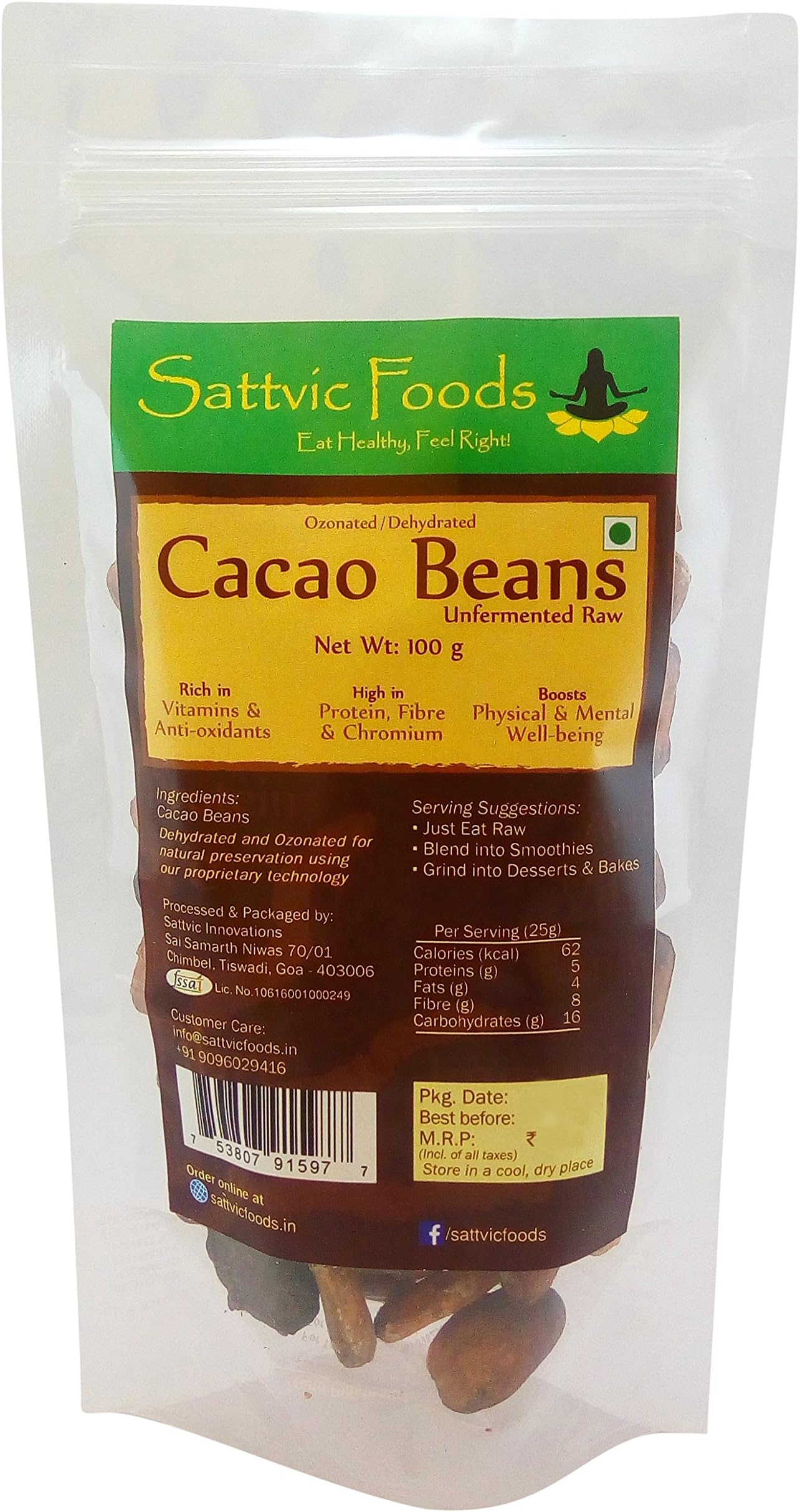 Sattvic Foods Unfermented Cacao Beans, 100g