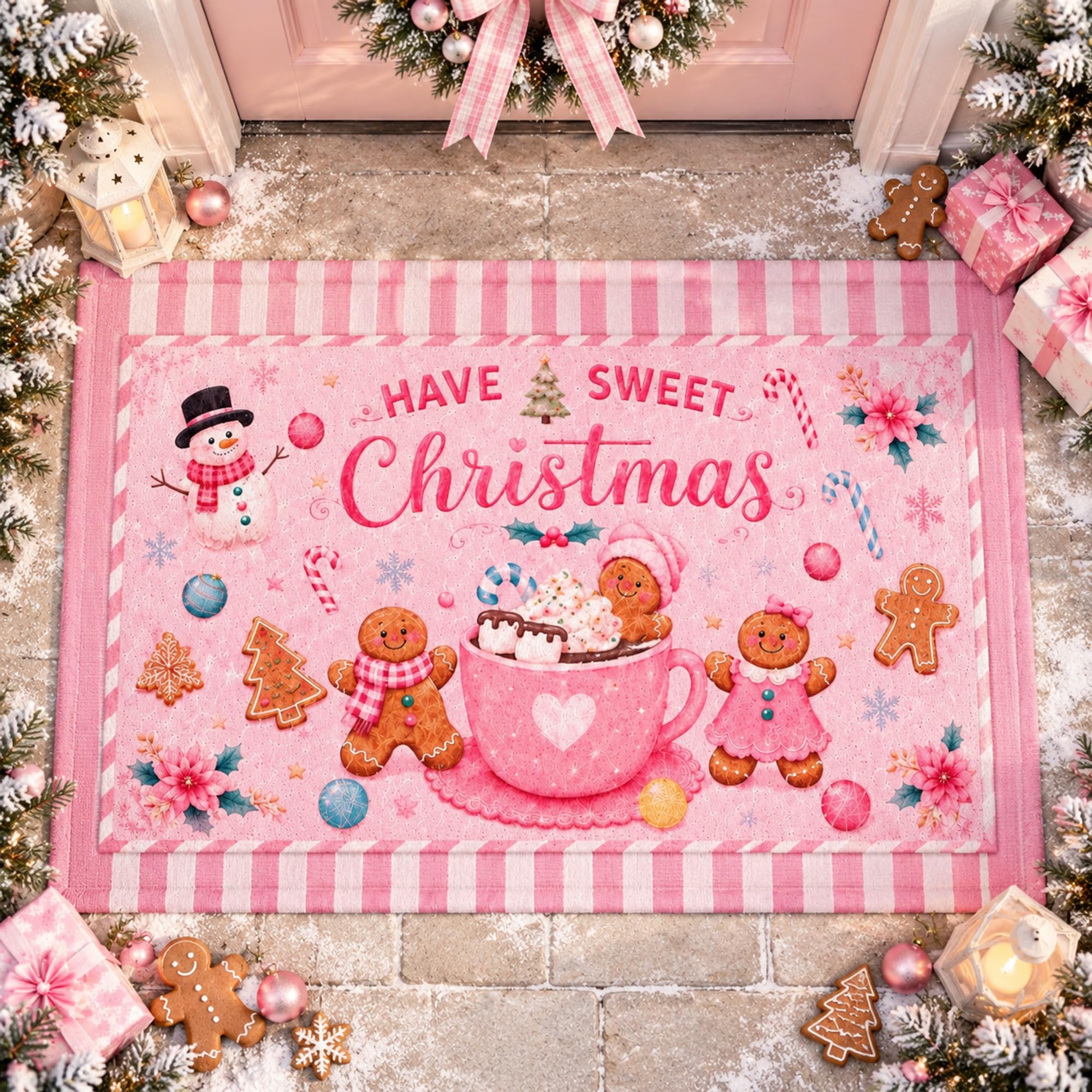 Dunzy 2 Pcs Christmas Gingerbread Man Rugs Pink White Stripe Non Slip Set