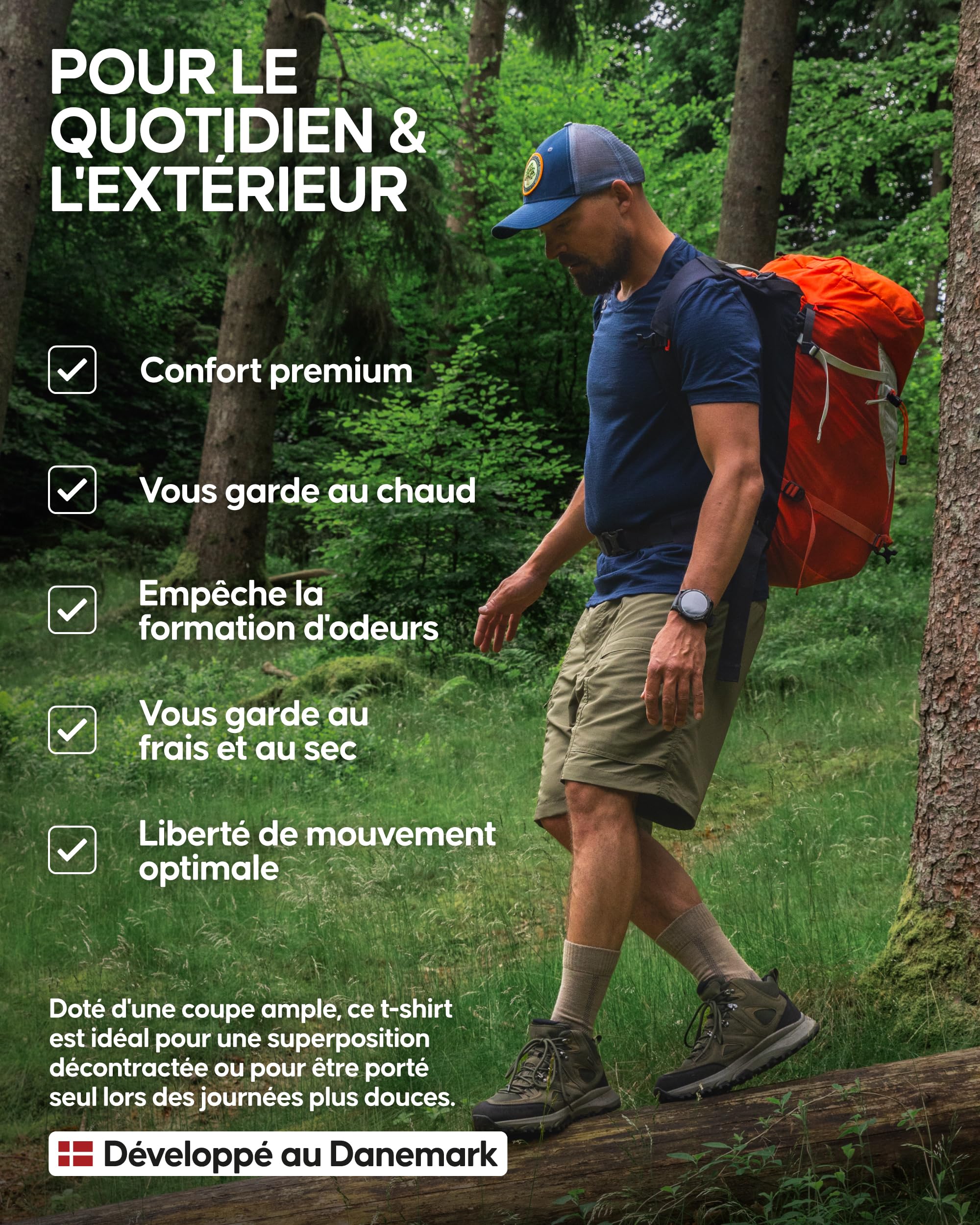 DANISH ENDURANCE T-Shirt 100% Laine Mérinos pour Homme, Léger et Respirant, Coupe Décontractée, Résistant aux Odeurs, Doux et Évacuant l'Humidité, Lot de 1 ou 2