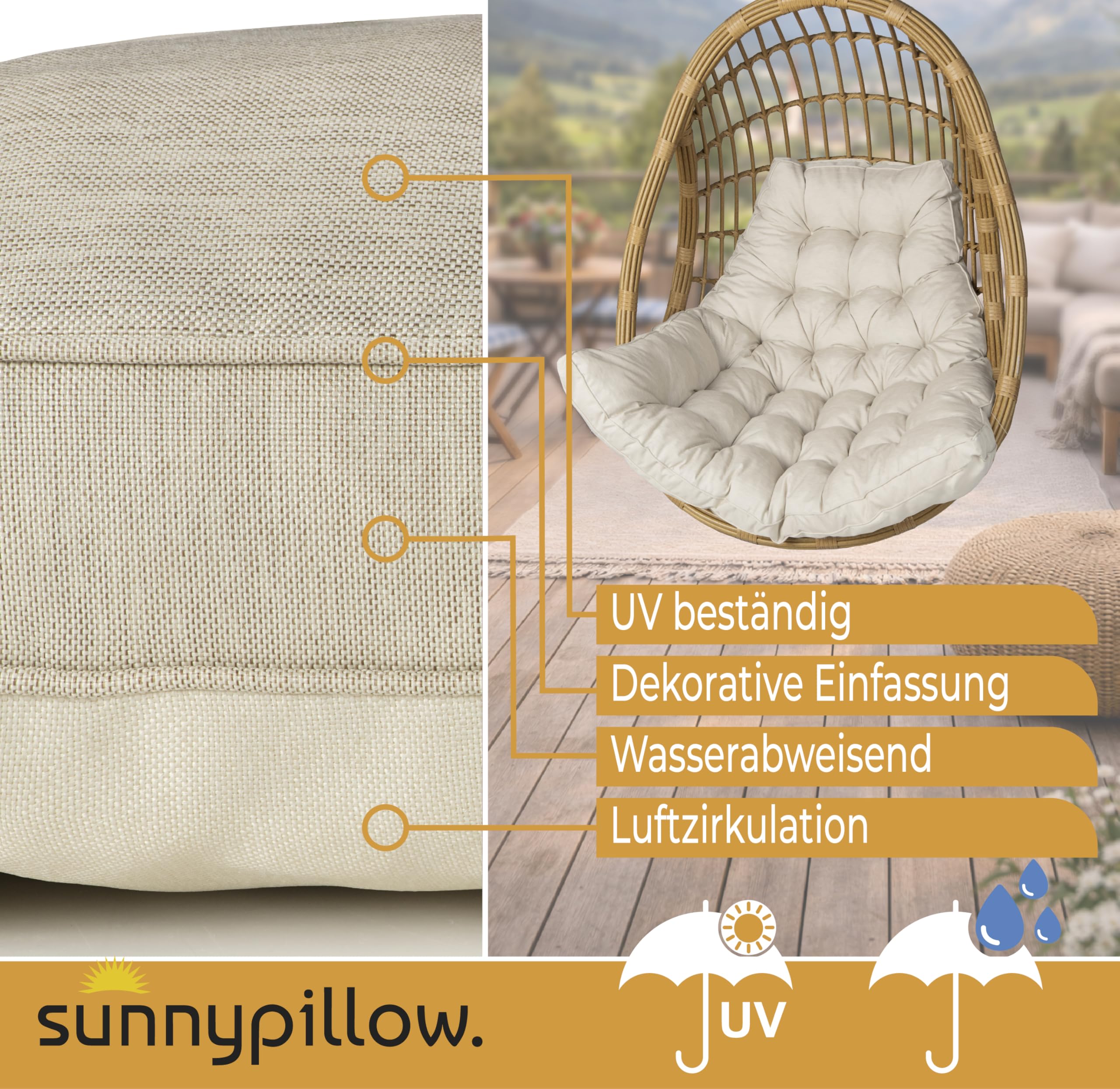 sunnypillow Coussin pour Fauteuil Suspendu – Coussin d’Assise pour Transat, Chaise Oeuf, Fauteuil Balancoire – Housses pour Mobilier de Jardin - 100 x 120 cm - Extérieur, Résistant aux UV - Ecru