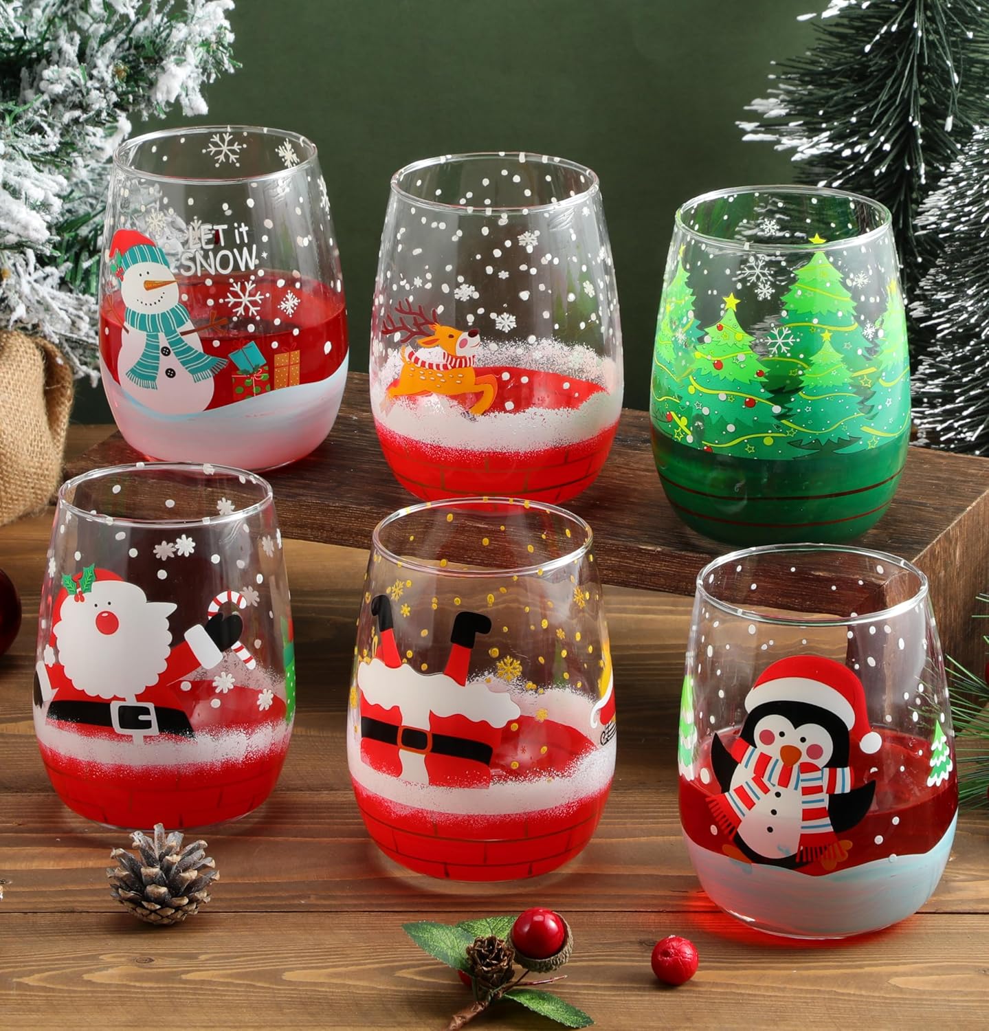 Nitial 6 Pcs Christmas Wine Glasses (14.2 oz) Santa Elk Penguin Snowman Set