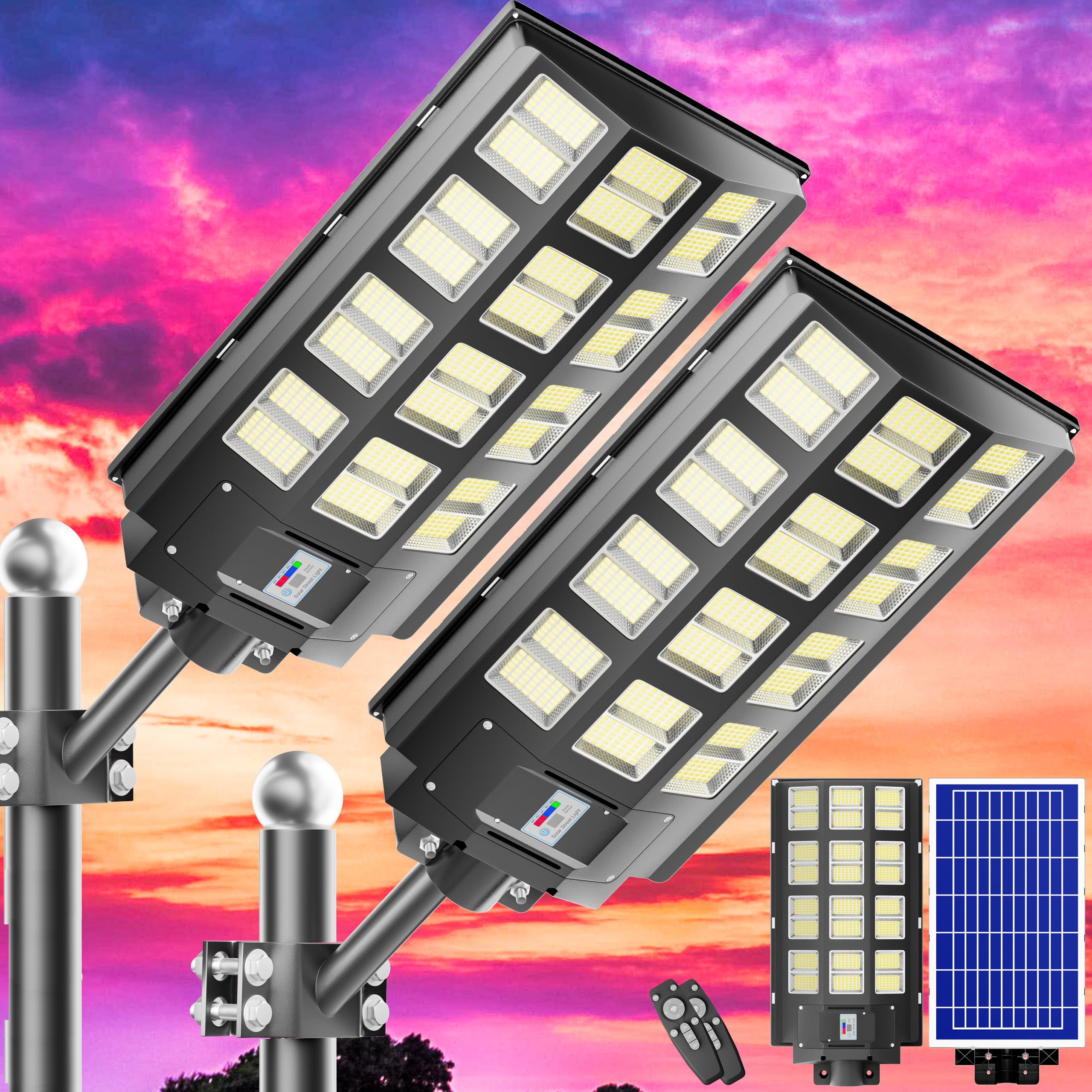 Vzyhik Solar Street Light, 8000W 7000K 480000LM 1152pcs LED Solar Parking Lot Lights Dusk to Dawn, Solar Flood Light Wide Angle Motion Sensor and Remote Control for Area Lighting Yard 2-Pack