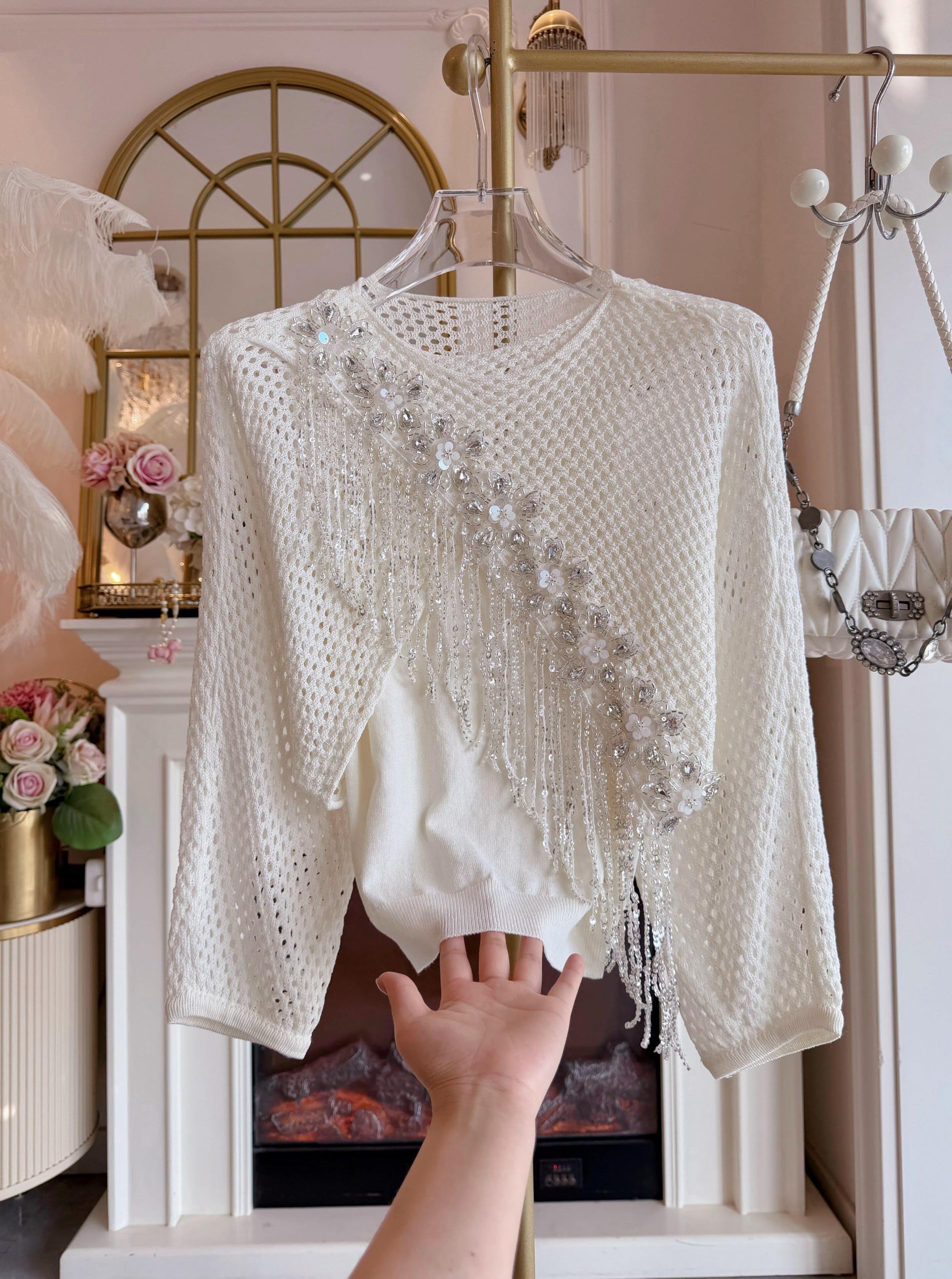 Jersey Suelto de Primavera for Mujer, Camisas Tejidas con borlas Diamantes, Conjuntos Camisola, Tops Color sólido cómodos for