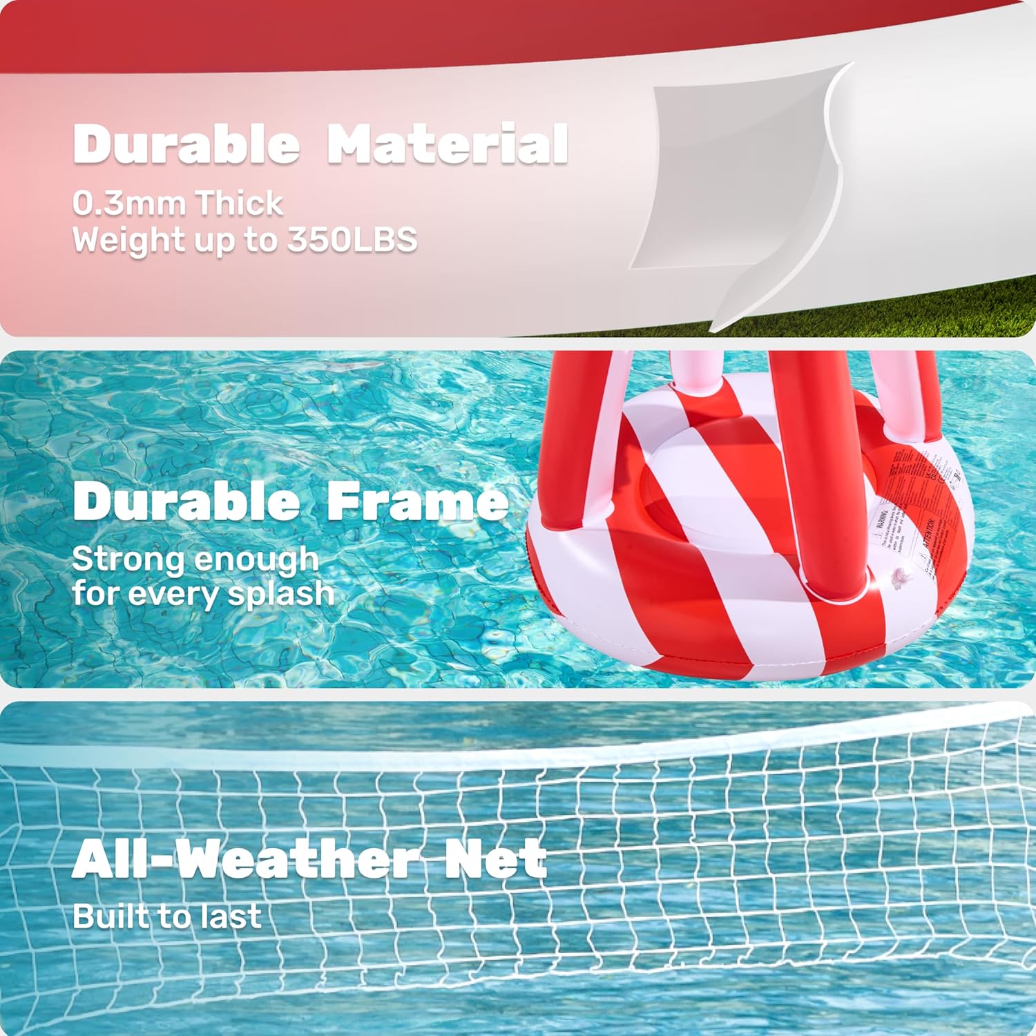 Inflatable Pool Floats Set American Flag Volleyball Net & Basketball Hoops, Swimming Pool Game Toy for Kids and Adults, Floating, Volleyball Court (105”x35”)|Basketball (27”x23”), Red White