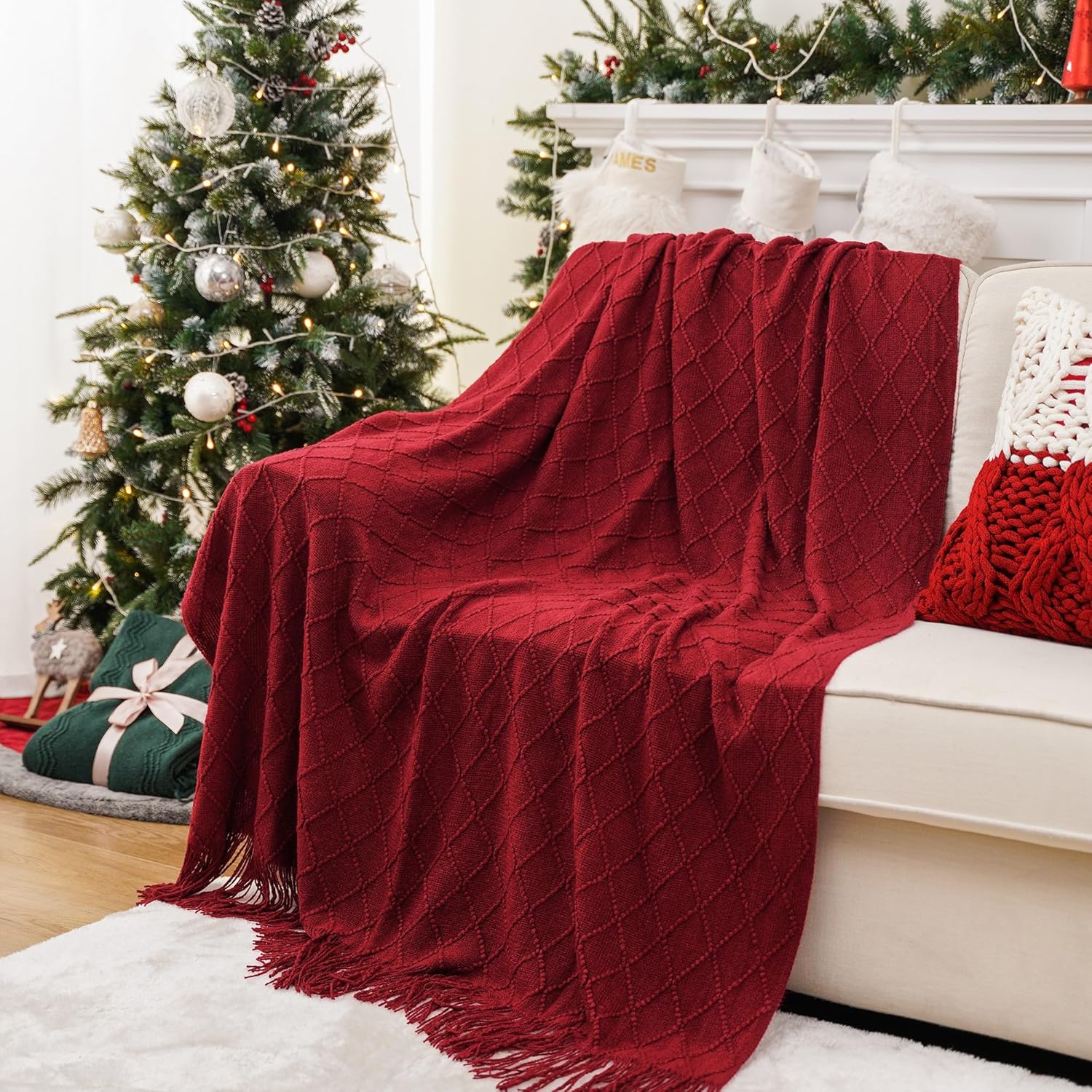 BATTILO HOME Christmas Decor Red Throw Blanket for Couch, Boho Bed Throws for Foot of Bed, Decorative Red Throws for Sofa Living Room, 50"x60" - Image 2