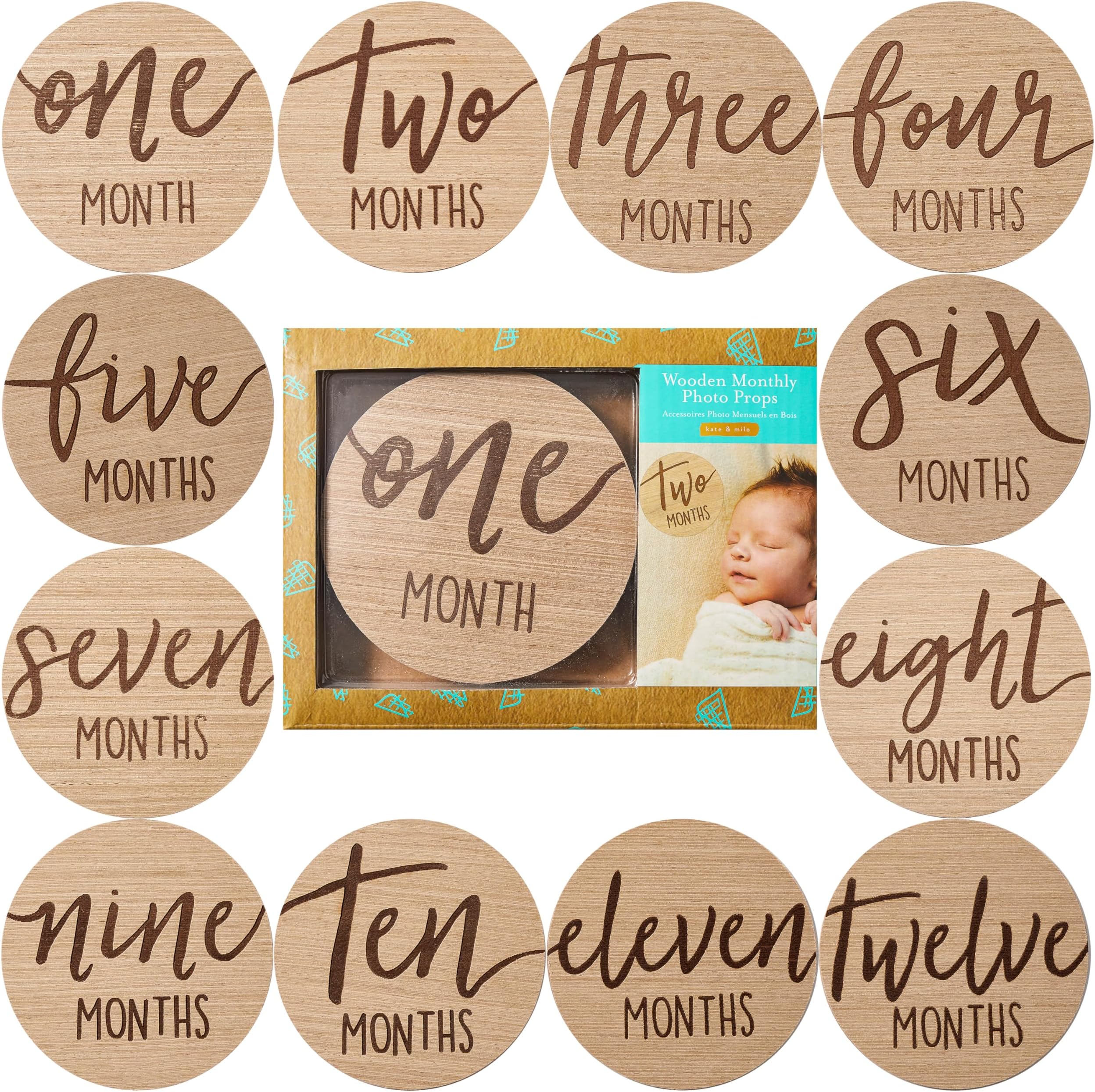 Kate & Milo Baby Monthly Milestone Marker Discs - Classic Cursive Script Wooden Discs with Reversible Photo Props for Baby Announcement and Milestones, Gender-Neutral Gift for Newborn Boy and Girl