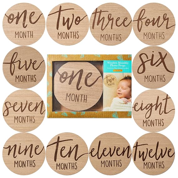 Kate & Milo Baby Monthly Milestone Marker Discs - Classic Cursive Script Wooden Discs with Reversible Photo Props for Baby Announcement and Milestones, Gender-Neutral Gift for Newborn Boy and Girl | 12 Month Set, 6 Reversible Wooden Photo Props, Classic Script Design, Gender-Neutral Newborn Gift, Milestone Photo Props