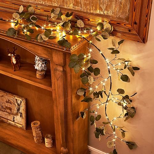 Birchlitland Guirnalda de luces decorativas de 6 pies, 96 luces LED, guirnaldas de ramas de eucalipto iluminadas con temporizador, funciona con