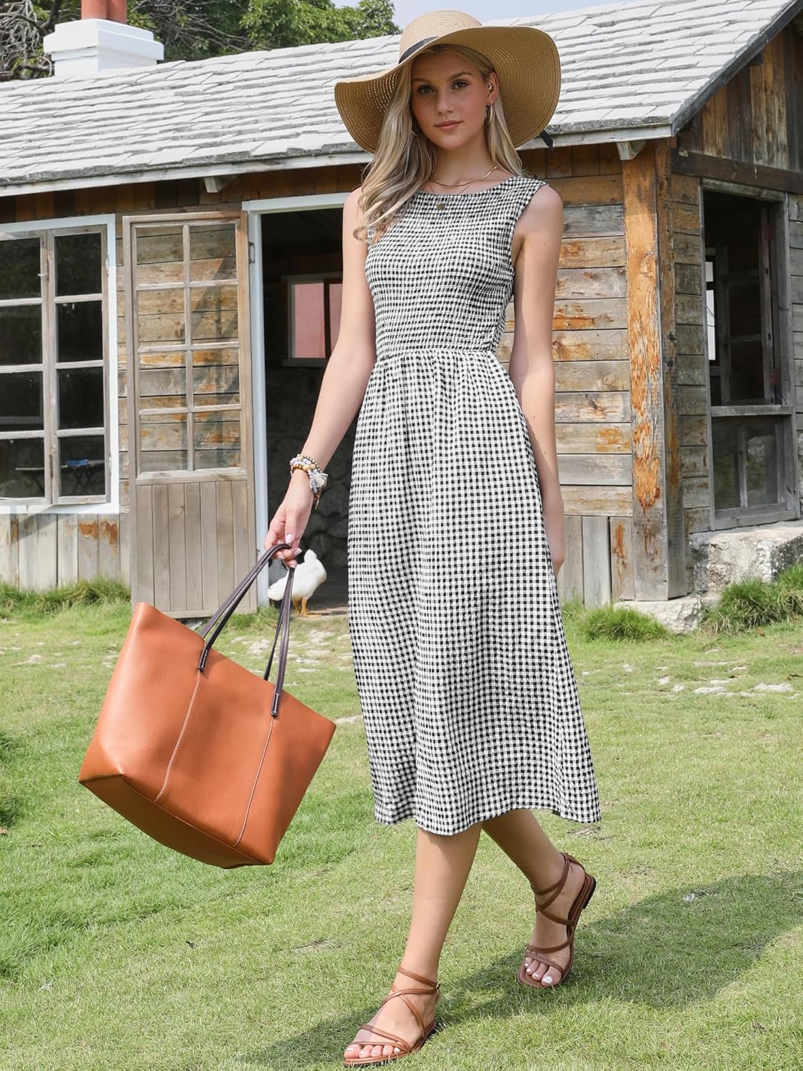 Allegra K Gingham Dress for Women Casual Sleeveless Flowy Vacation Summer Midi Smocked Dresses - Image 3