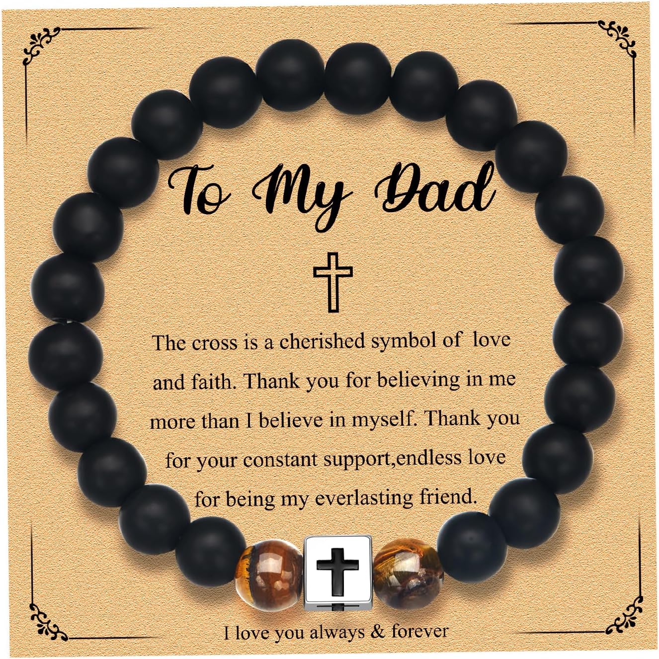 Cross Bead Bracelet for Men, Christian Gifts for Dad, Husband, Adjustable Black Onyx & Tiger Eye Beads with Stainless Steel Cross Charm, Baptism, Confirmation, Easter, Birthday, Graduation Gifts