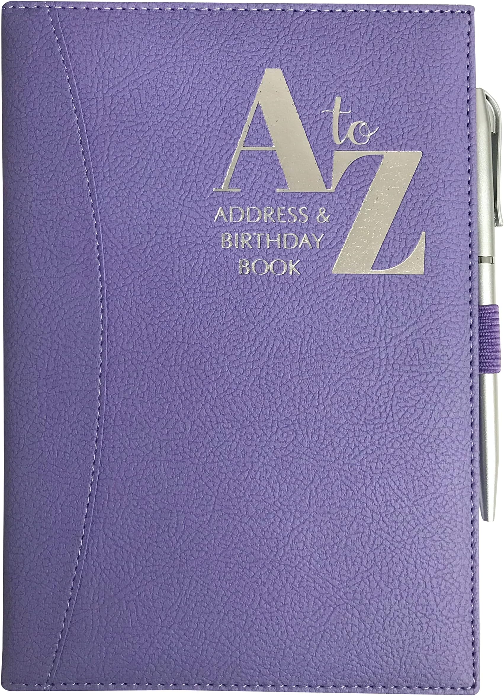 Telephone Address & Birthday Book A-Z Index Beautiful Colour PU Leather Style Cover A5 Size Soft Padded with Pen (Purple)